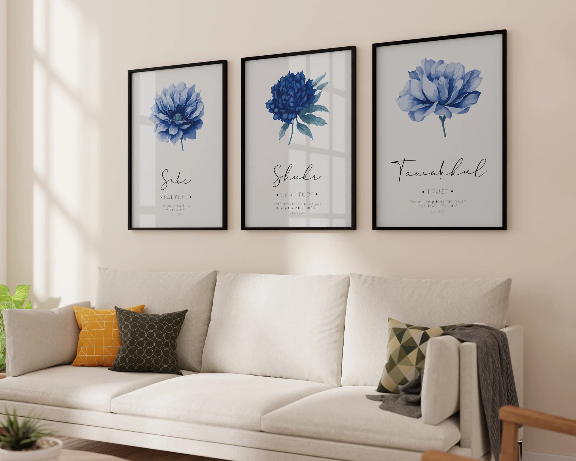Make a meaningful statement in your decor with our Set of 3 Islamic Digital Art Prints, available on Etsy. These printable wall art pieces feature Quranic verses on Sabr, Shukr, and Tawakkul, seamlessly blending contemporary design.