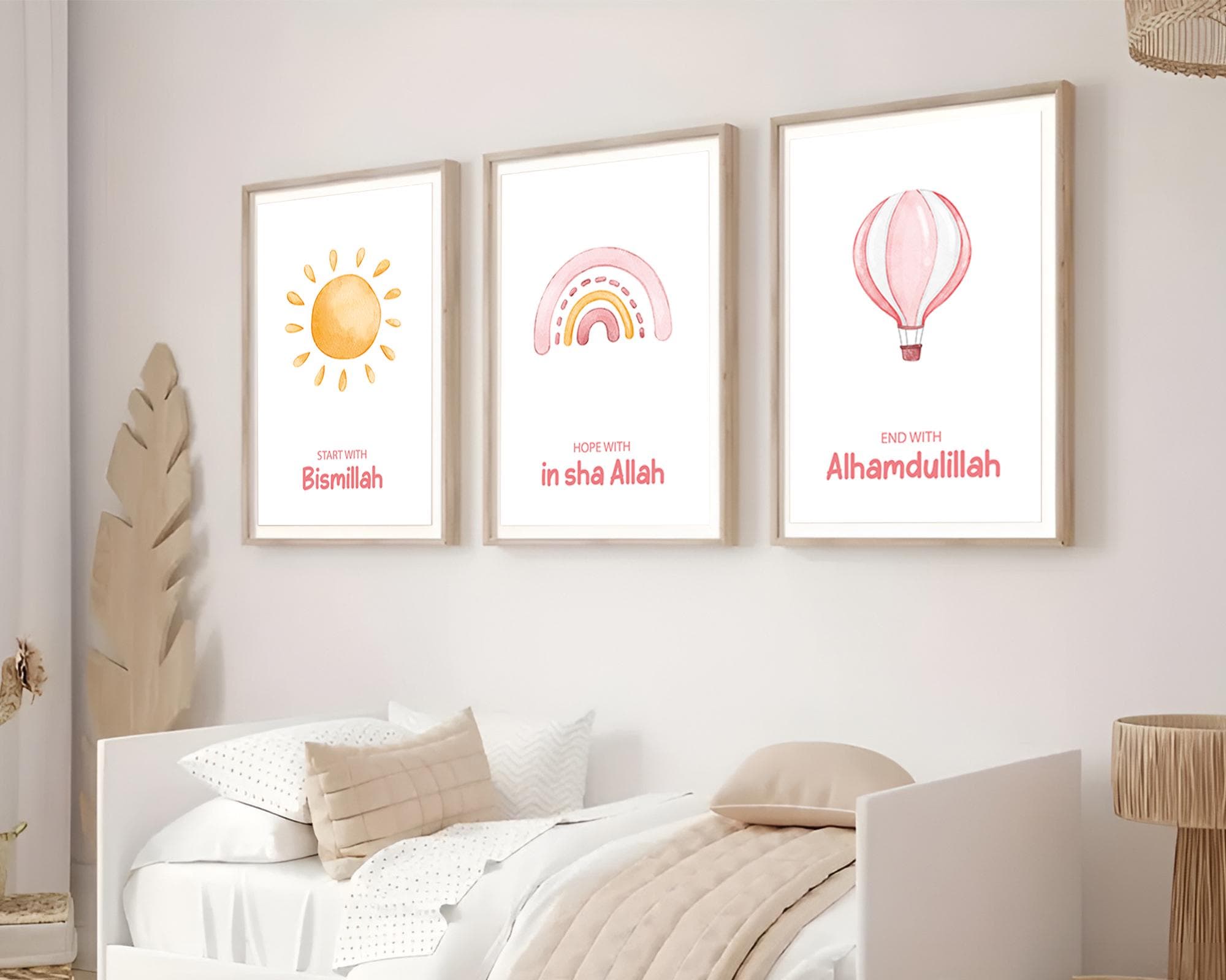 Set of 3 Islamic Wall Art Prints for Children, 3 Piece Muslim Nursery Triptych Pink, Islamic Gifts Kids, Start with Bismillah Posters Trio - image 5