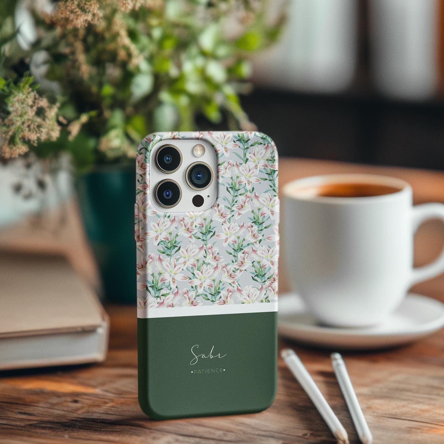 Floral Lily Pattern Tough Phone Case | Green Monogram Accent - image 4