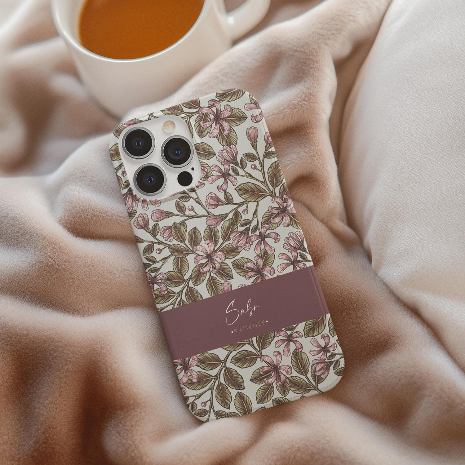 Floral 'Sabr' Patience Quote Phone Case, Botanical Design