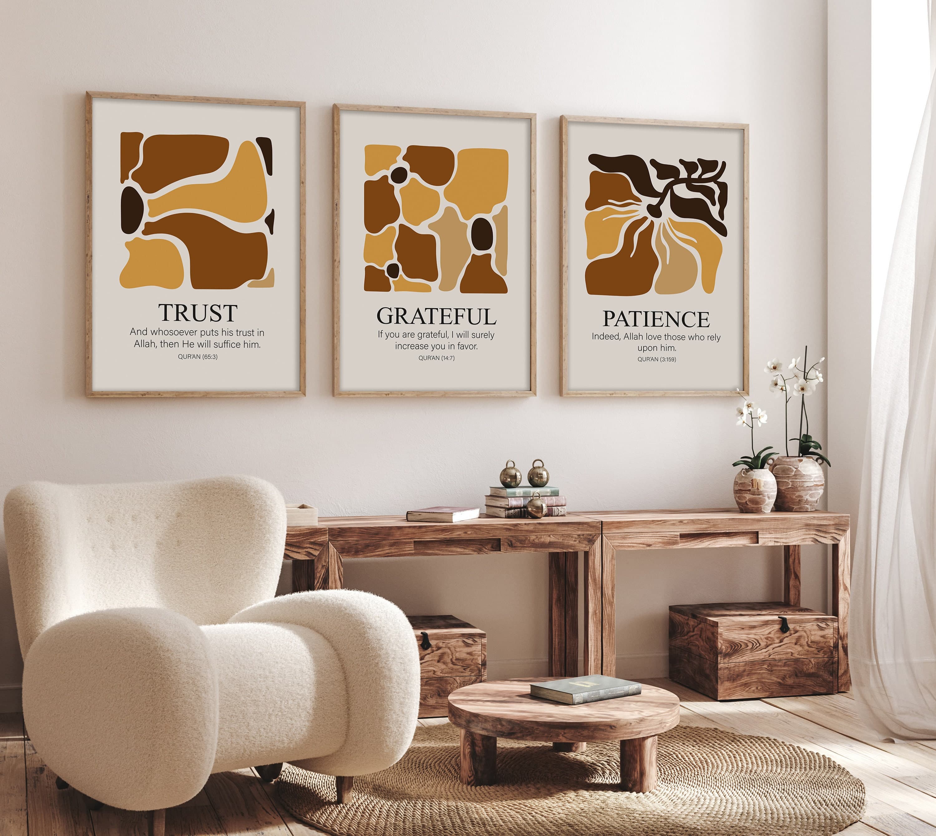 3 Piece Islamic Wall Art, Set of 3 Islamic Prints, Muslim Wall Art, Islamic Gifts, Sabr Shukr Tawakkul Printable Art, Digital Islamic Poster