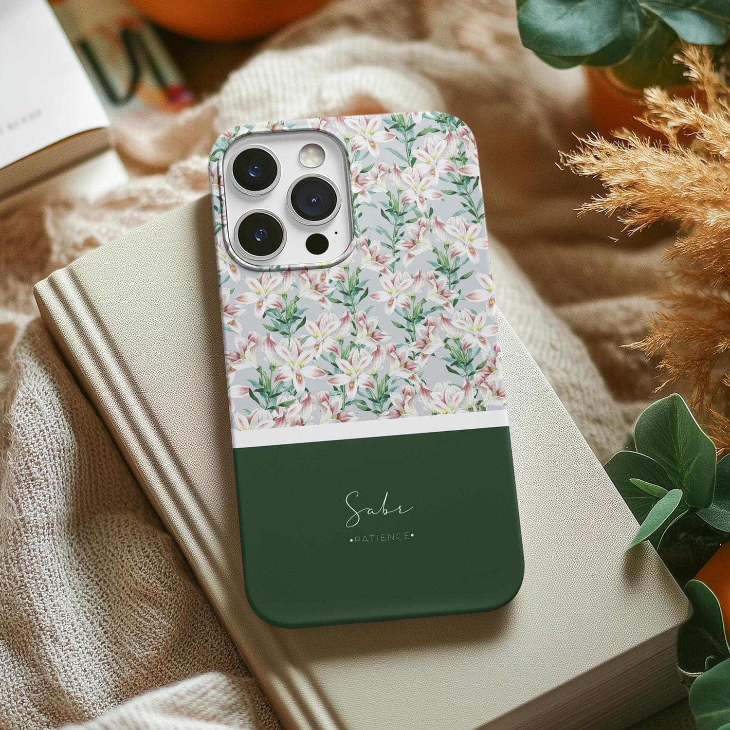 Floral Lily Pattern Tough Phone Case | Green Monogram Accent - image 3