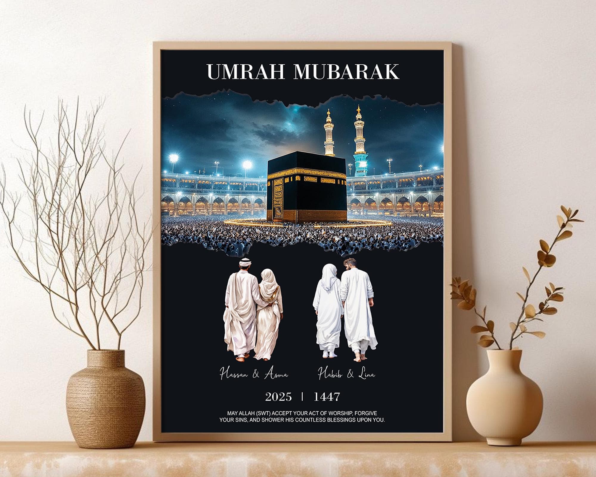 Umrah Mubarak Custom Digital Print, Islamic Calligraphy Art, Personalized Gift for Muslim Family