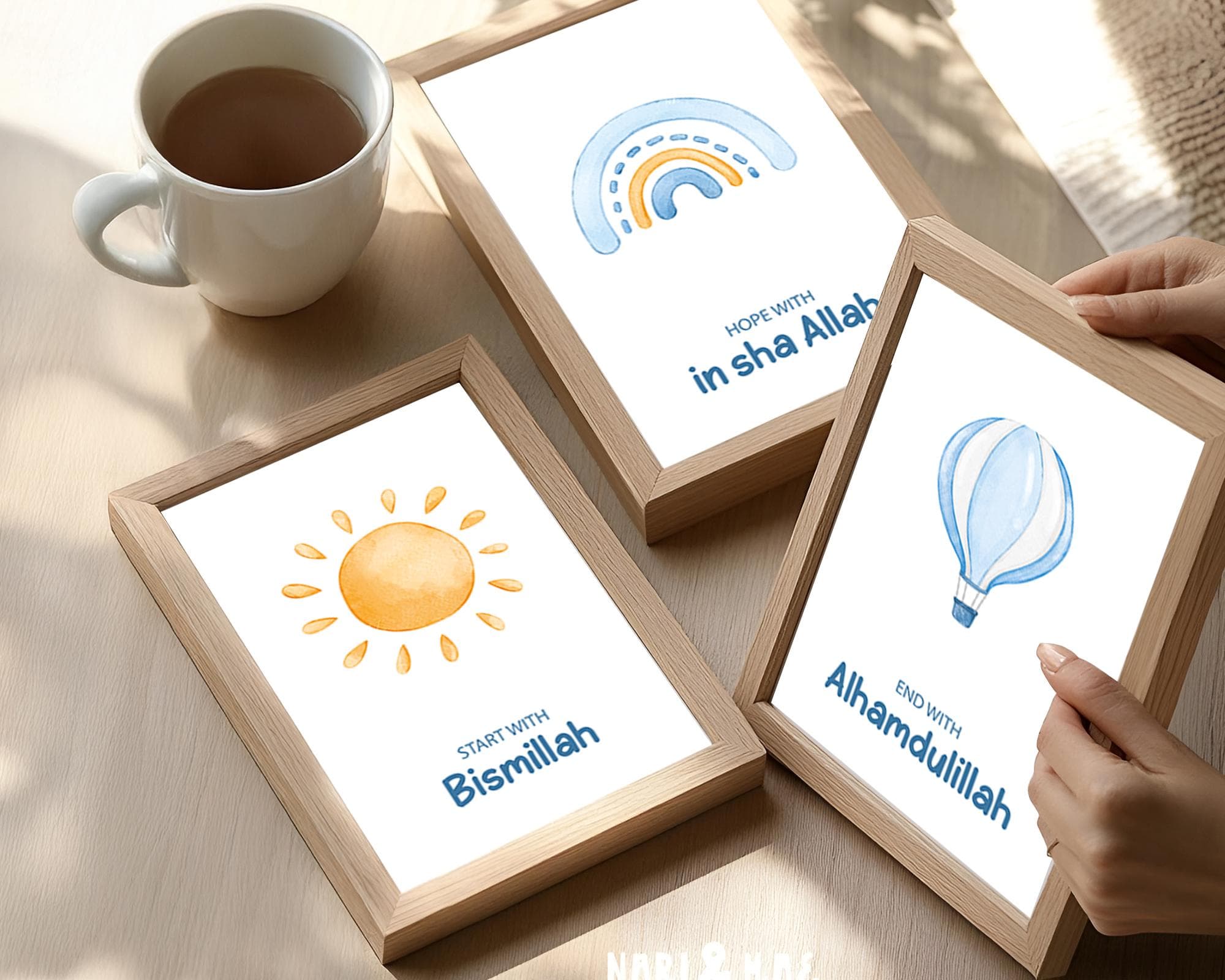 Set of 3 Islamic Wall Art Prints for Children, 3 Piece Muslim Nursery Triptych Blue, Islamic Gifts Kids, Start with Bismillah Posters Trio - image 4