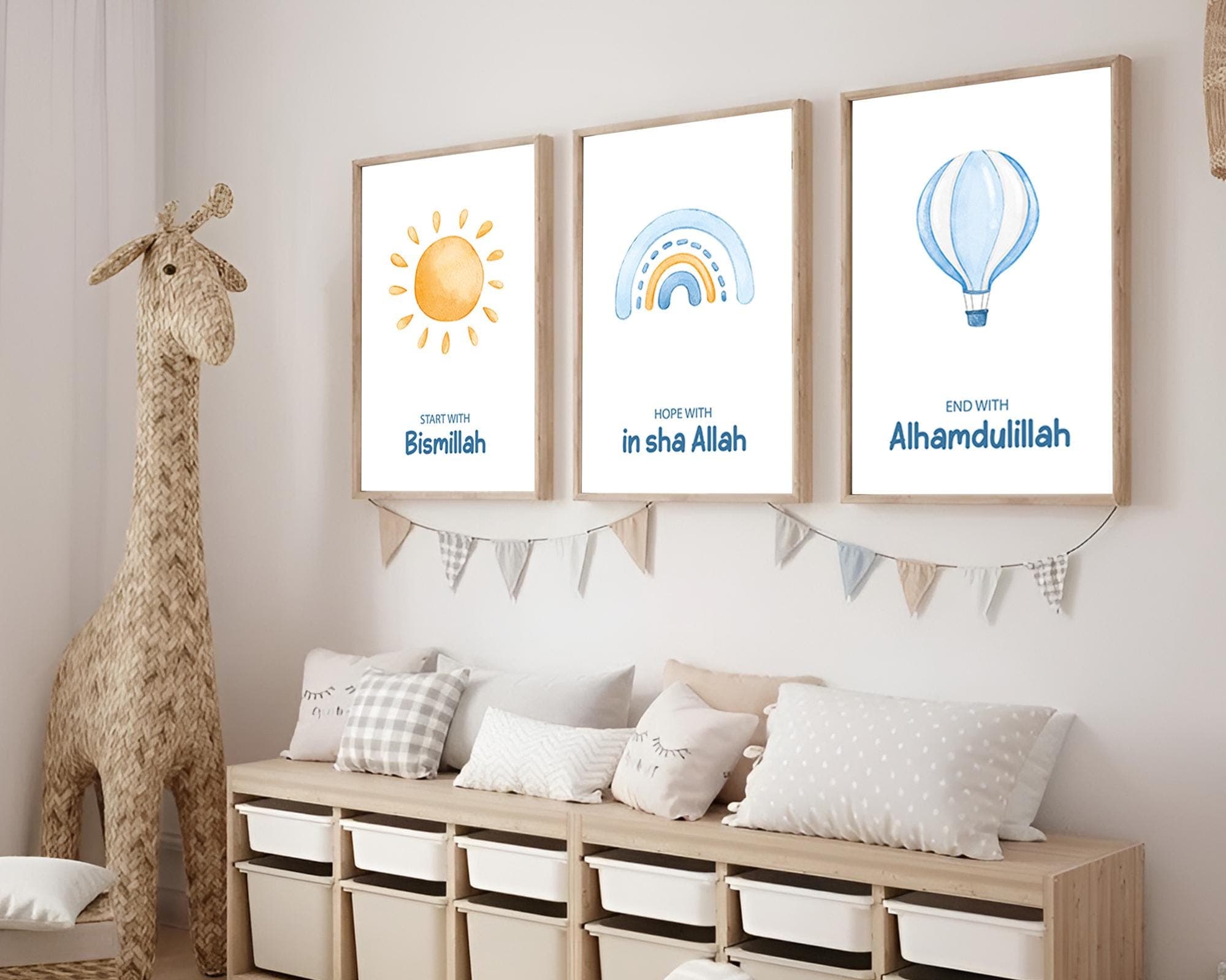 Set of 3 Islamic Wall Art Prints for Children, 3 Piece Muslim Nursery Triptych Blue, Islamic Gifts Kids, Start with Bismillah Posters Trio - image 3
