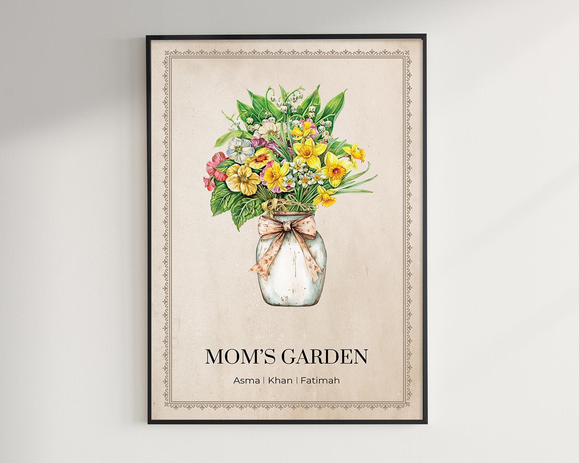 Family Birth Flower Print, Mother's Garden Print, Custom Floral Bouquet Wall Art, Personalized Antique Flower Garden, Birthday Gifts for Mom