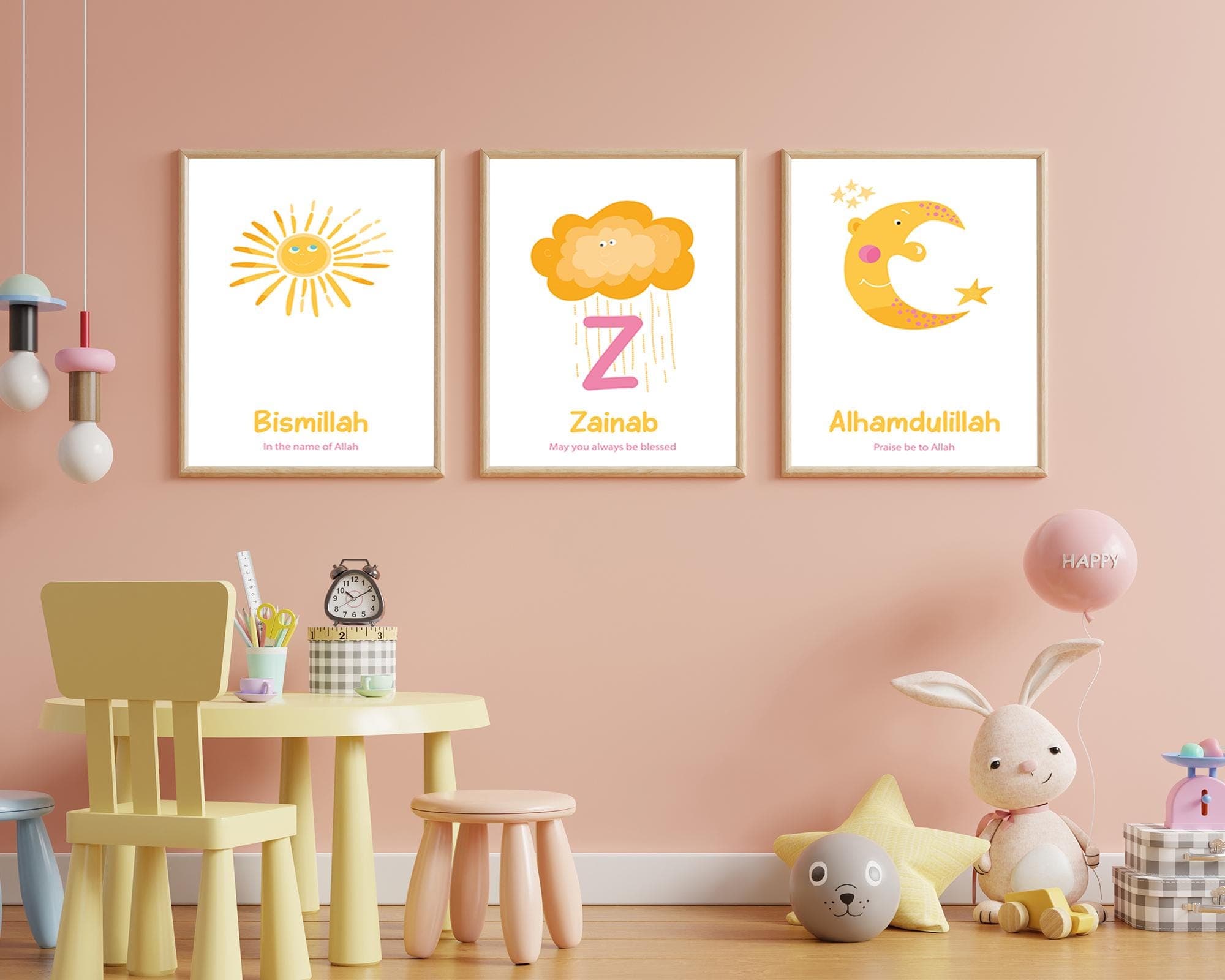 Set of 3 Printable Muslim Nursery Posters and Prints, Personalised Islamic Wall Art Gifts for Kids, Digital Download Art for Children Girls - image 3