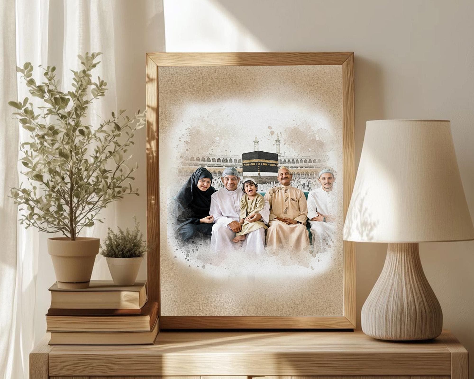 Custom Muslim Family Portrait with Kaaba, Personalized Merged Photos for Parents Grandparents Close Friends, Islamic Wall Art Idea