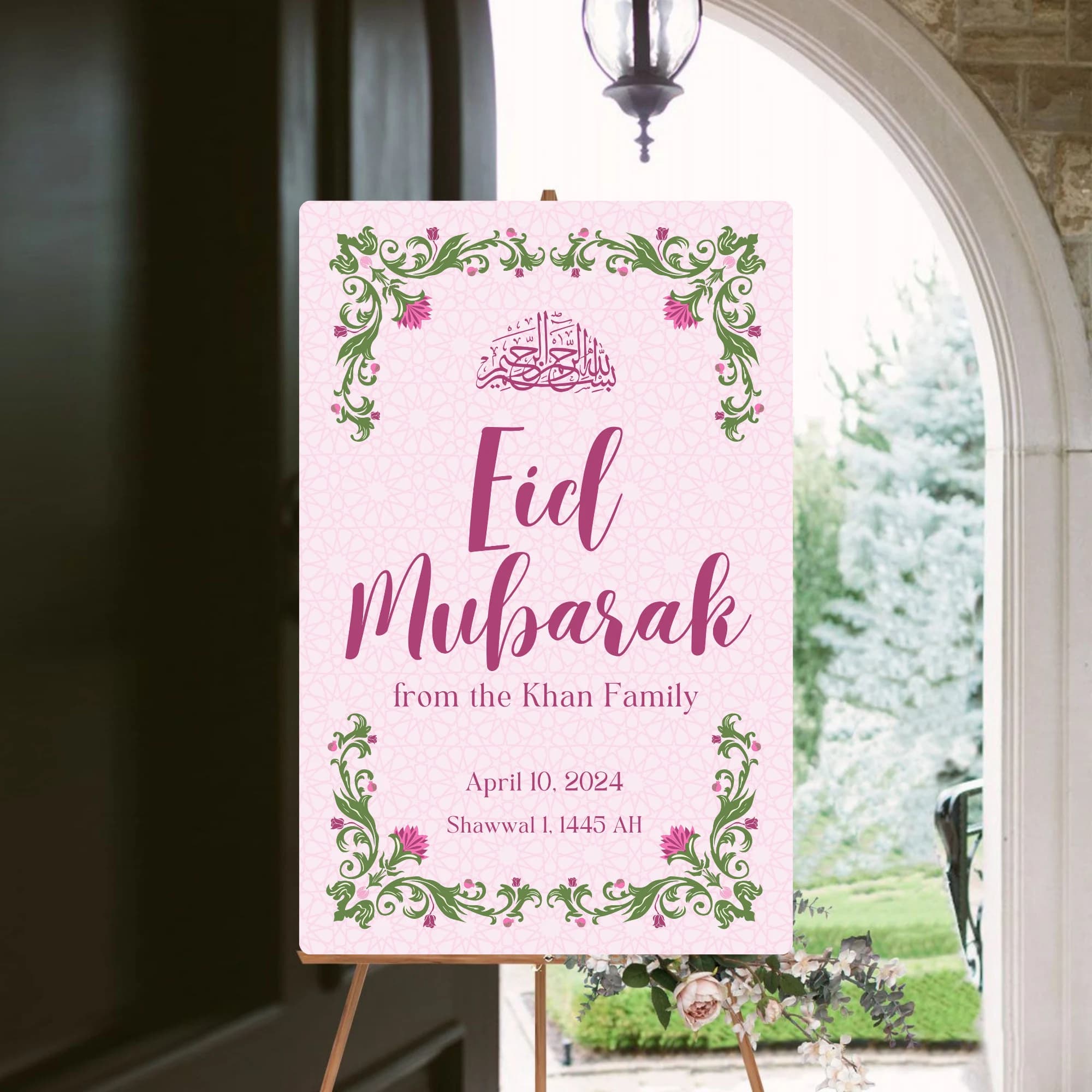 Eid Mubarak Welcome Sign- Pink Islamic Floral Design- Eid ul Fitr- Digital Download
