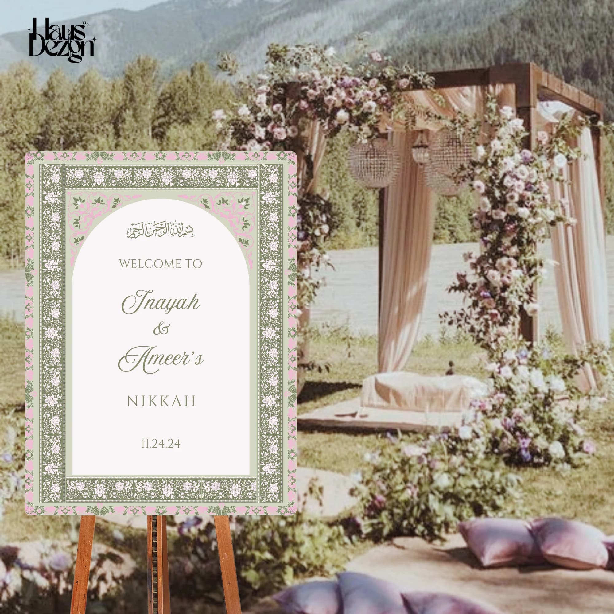 Elegant Nikkah Welcome Sign, Sage green, Pink, Islamic Wedding, Welcome Sign, Engagement, Baath Pakki, Digital, Welcome Poster - image 3