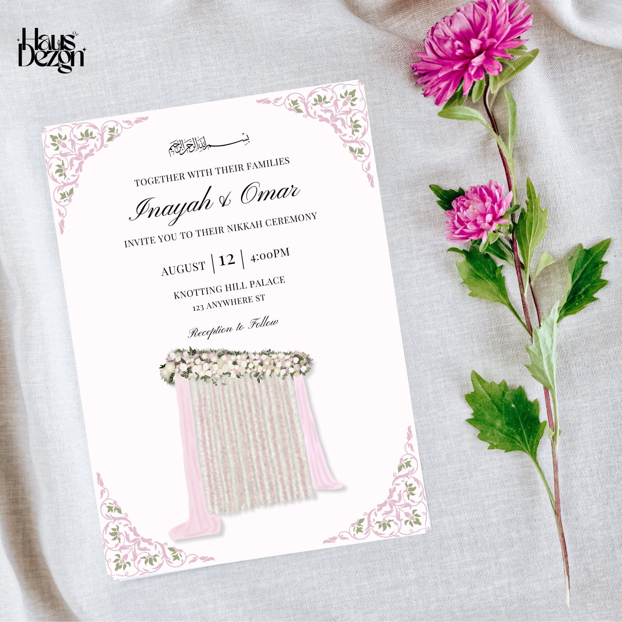 Elegant Nikkah Invite, Islamic Wedding Invitation, Pink Flower Partition, Digital Download, Neutral, Luxurious, Aesthetic, Template - image 3