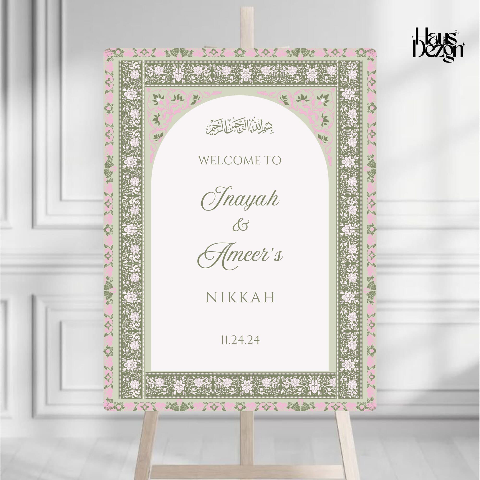 Elegant Nikkah Welcome Sign, Sage green, Pink, Islamic Wedding, Welcome Sign, Engagement, Baath Pakki, Digital, Welcome Poster