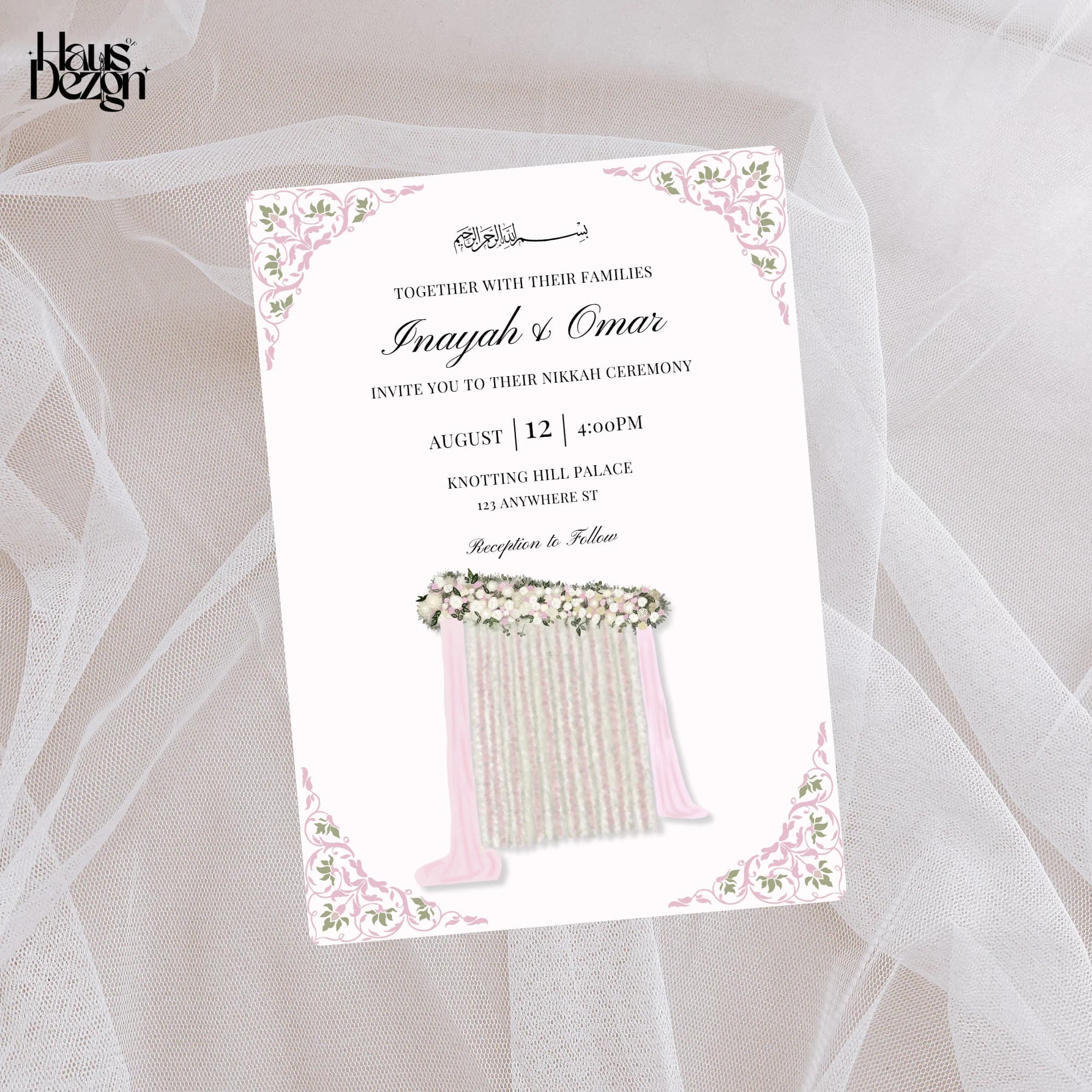 Elegant Nikkah Invite, Islamic Wedding Invitation, Pink Flower Partition, Digital Download, Neutral, Luxurious, Aesthetic, Template