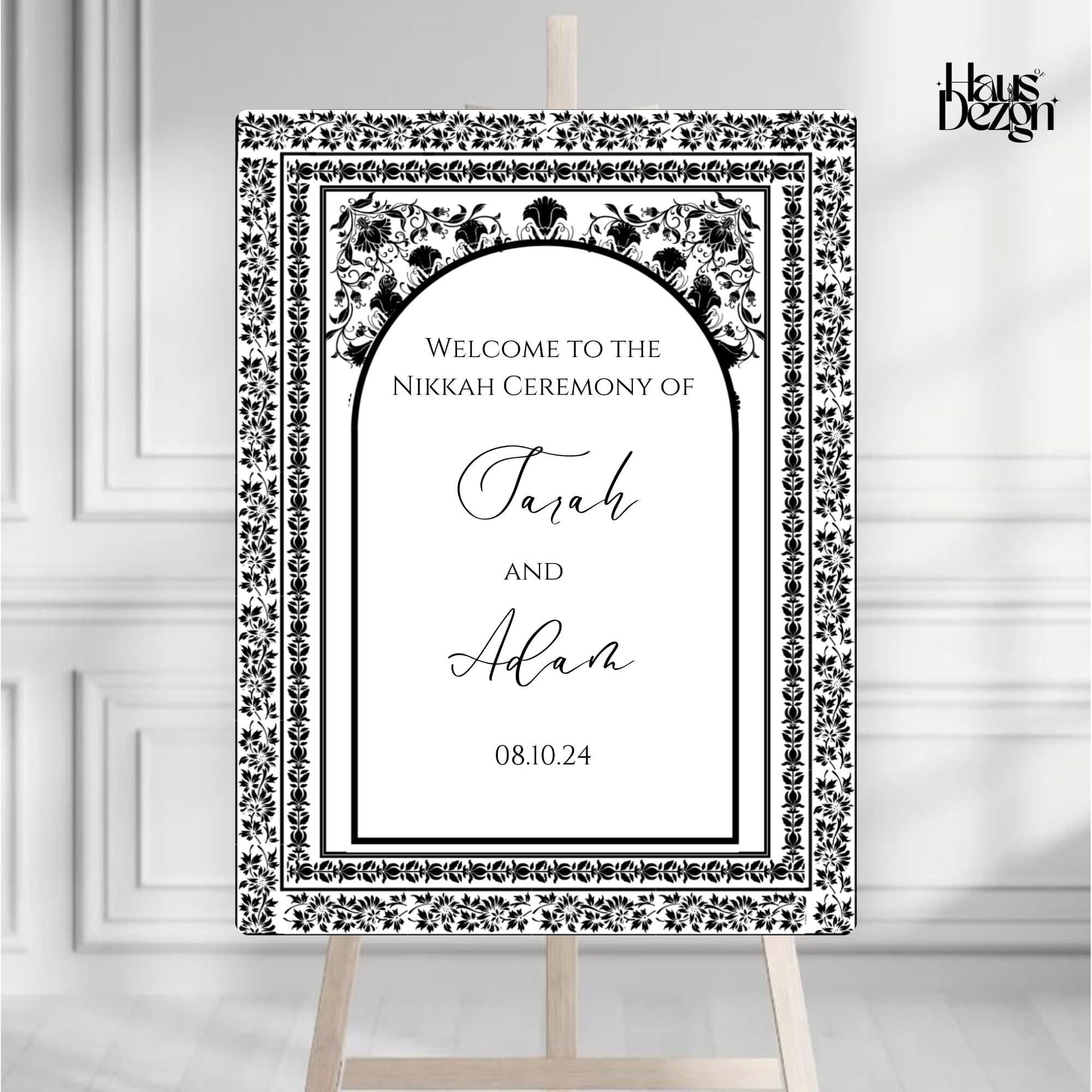 Elegant Nikkah Welcome Sign, Black and White, Islamic Wedding Sign, Digital Download, Mughal Floral Inspired, Engagement, Welcome Poster