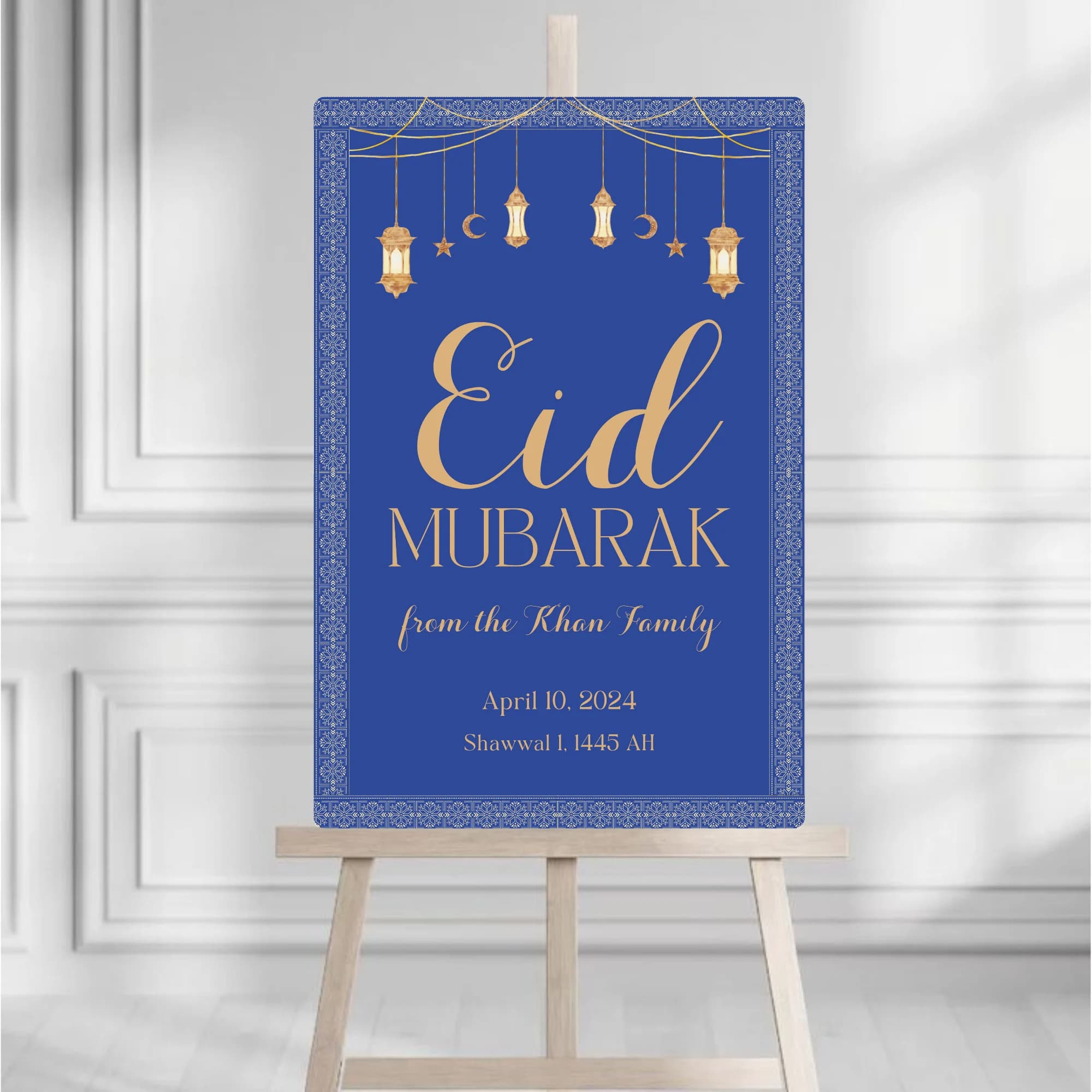 Eid Mubarak Welcome Sign- Gold lantern- Blue Islamic Pattern- Eid ul Fitr- Happy Eid- Digital Download