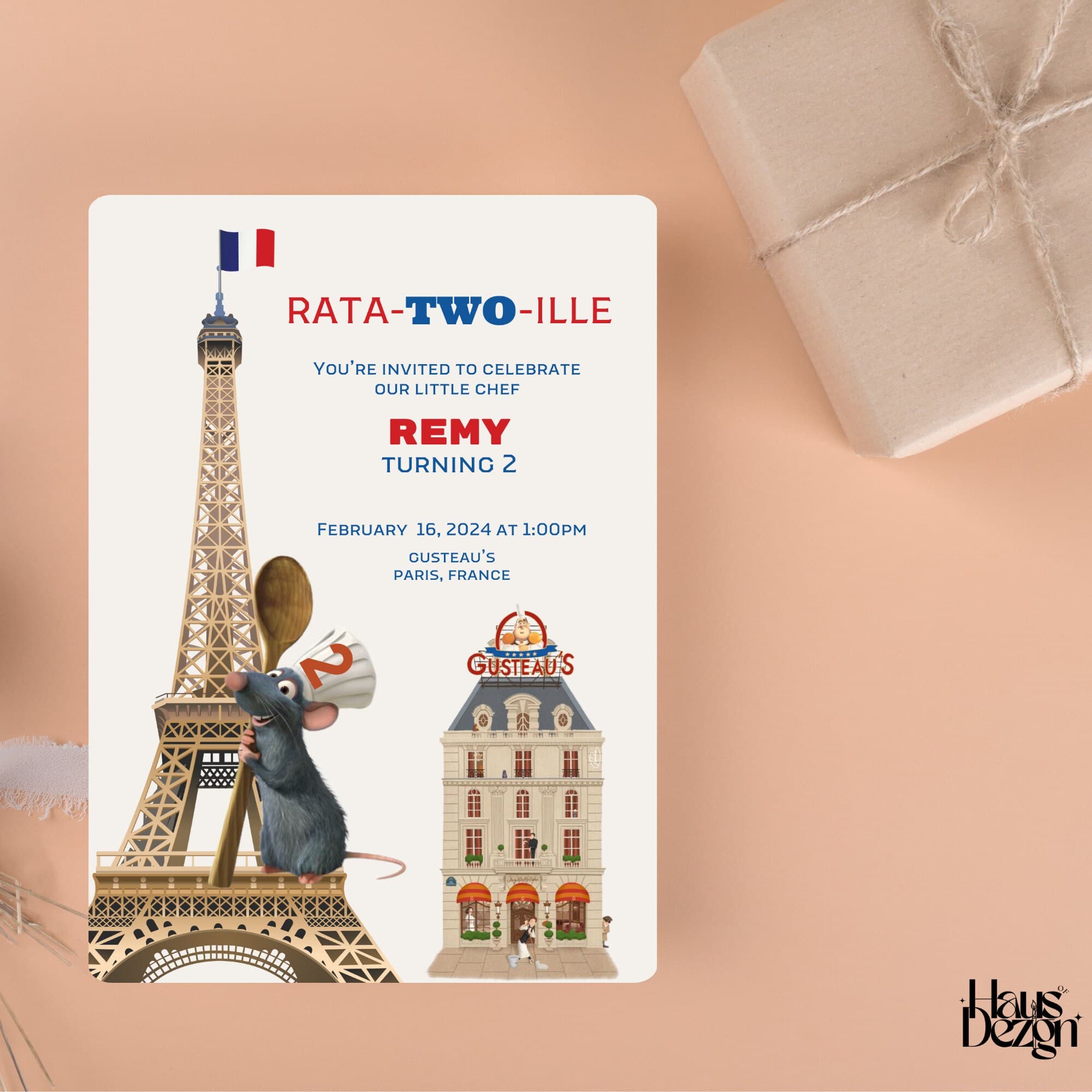 Rata-TWO-ille Themed Birthday Party Invitation- Disney's Ratatouille- Kids Bday- Paris- Gusteau's- Digital Invite - image 3