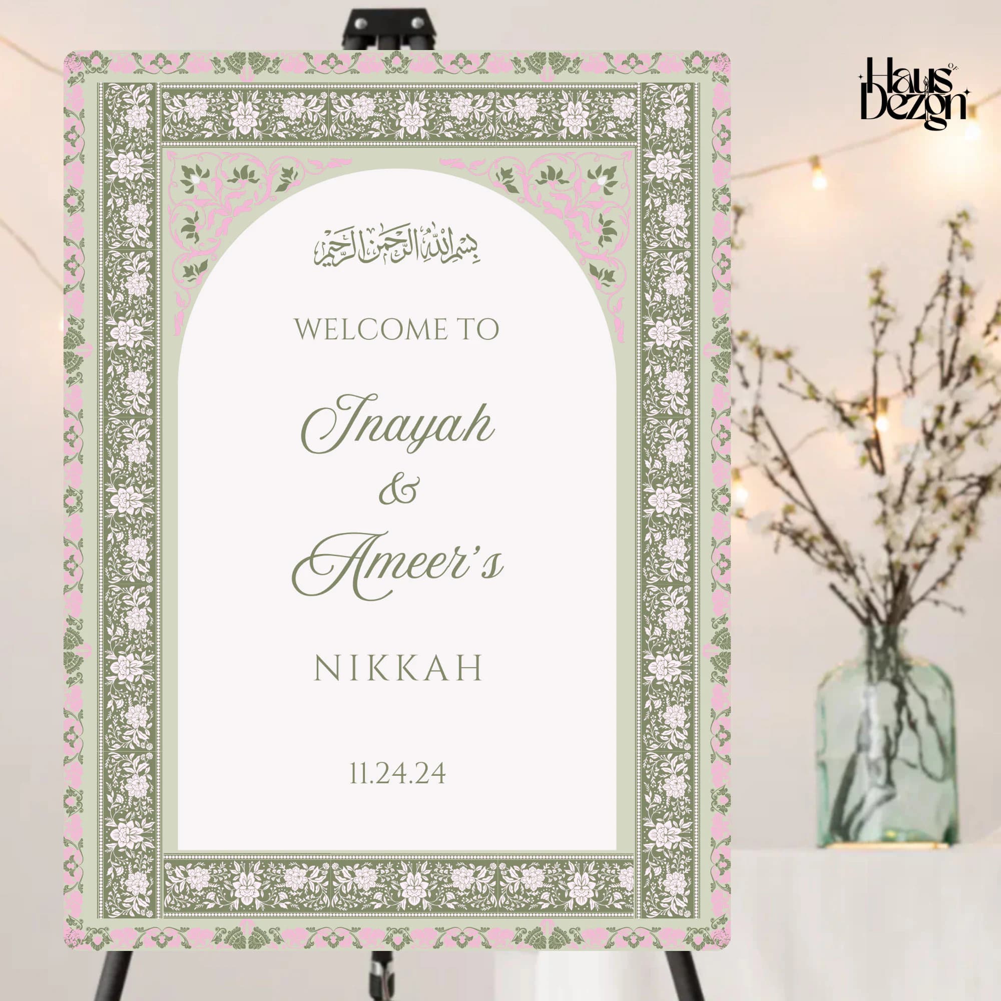 Elegant Nikkah Welcome Sign, Sage green, Pink, Islamic Wedding, Welcome Sign, Engagement, Baath Pakki, Digital, Welcome Poster - image 4