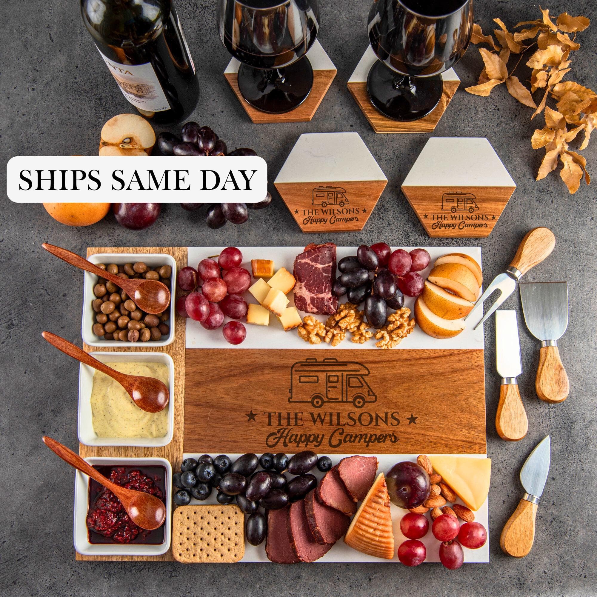 Personalized Happy Campers Charcuterie Board, Custom RV Couple Board, Engraved Camper Family Serving Board, Camping Gift, RV Housewarming
