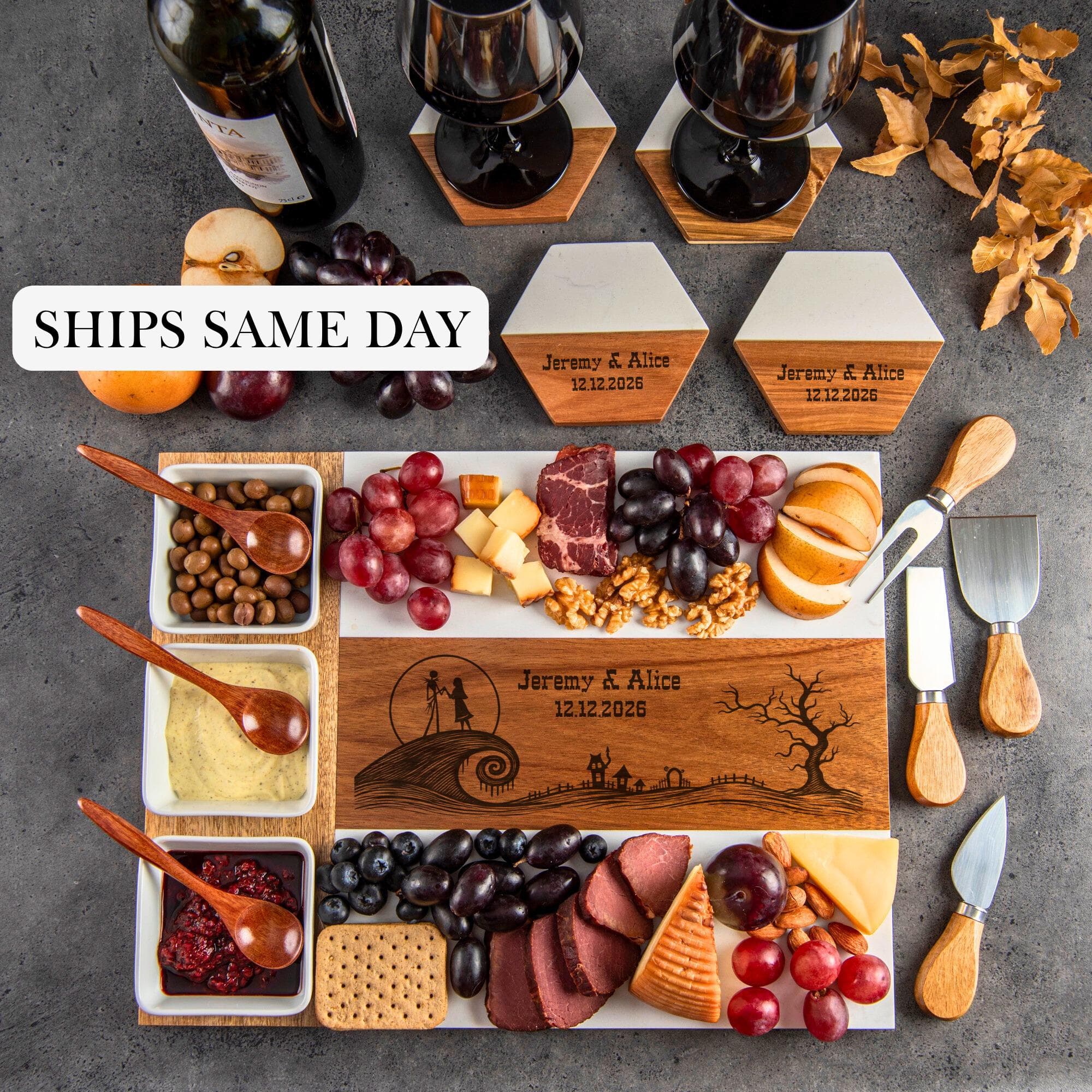 Personalized Spooky Couple Charcuterie Board, Custom Halloween Wedding Gift, Engraved Gothic Cheese Board, Anniversary Gift for Couple