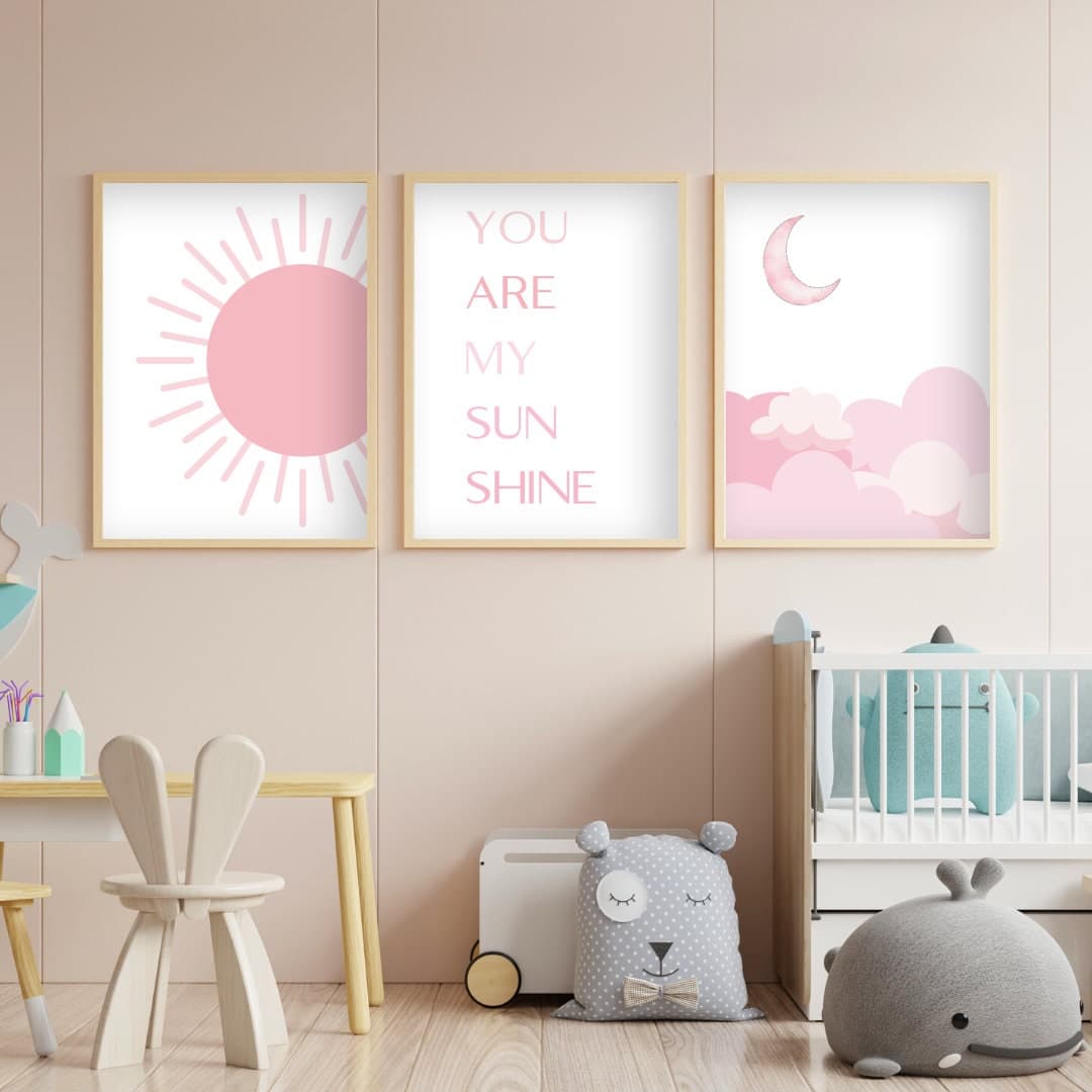 Boho Nursery Pink Prints Set of 3, Sun Rainbow Moon Baby Room Posters, Kids Room Wall Art Decor, Abstract Art Prints, Digital printable Art - image 3