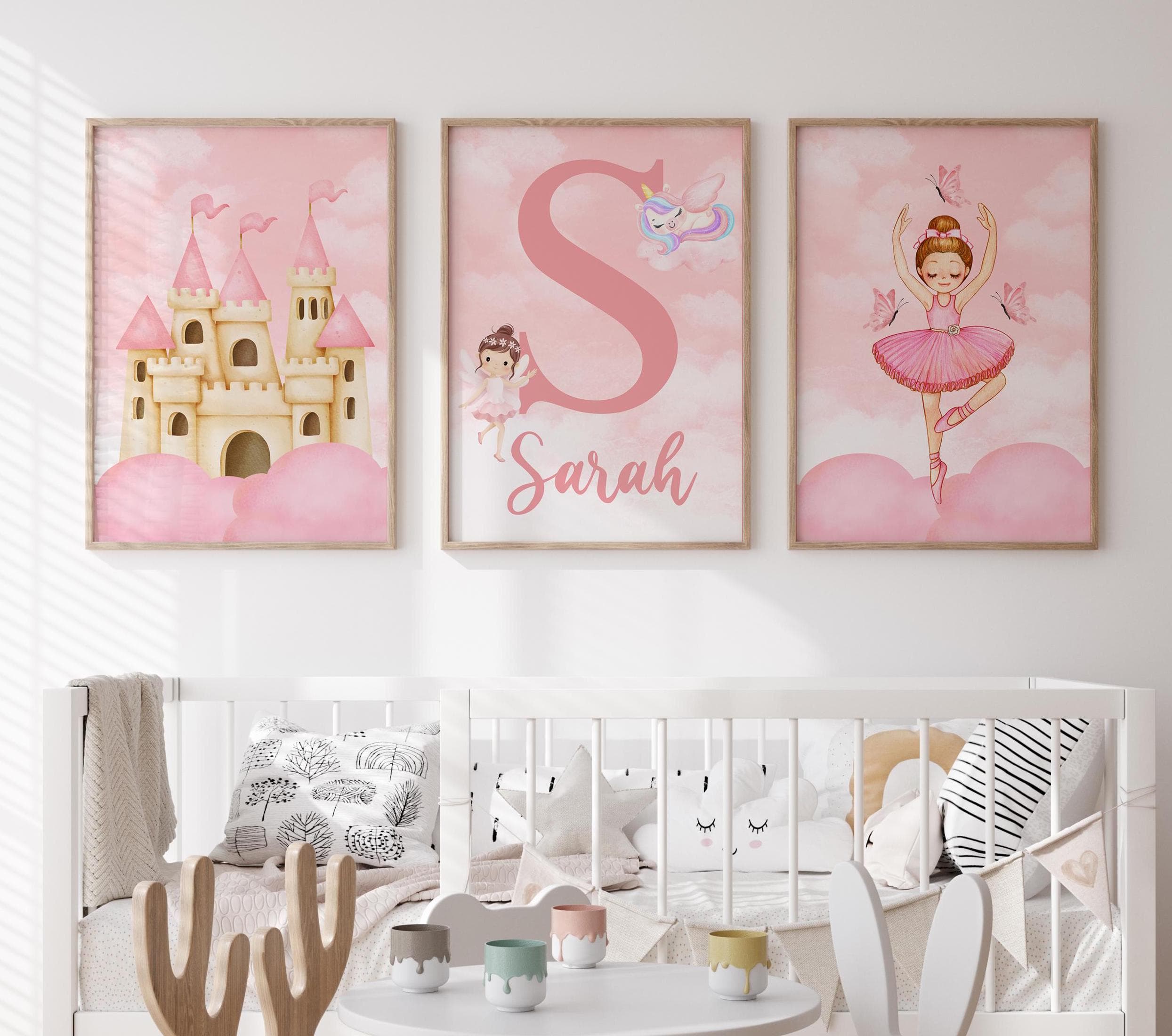 Custom Name Set of 3 Pink Princess Nursery Wall Art - Adorable Baby Girl Artwork - Set of 3 Pink Princess Wall Art for Nursery - Pink Art
