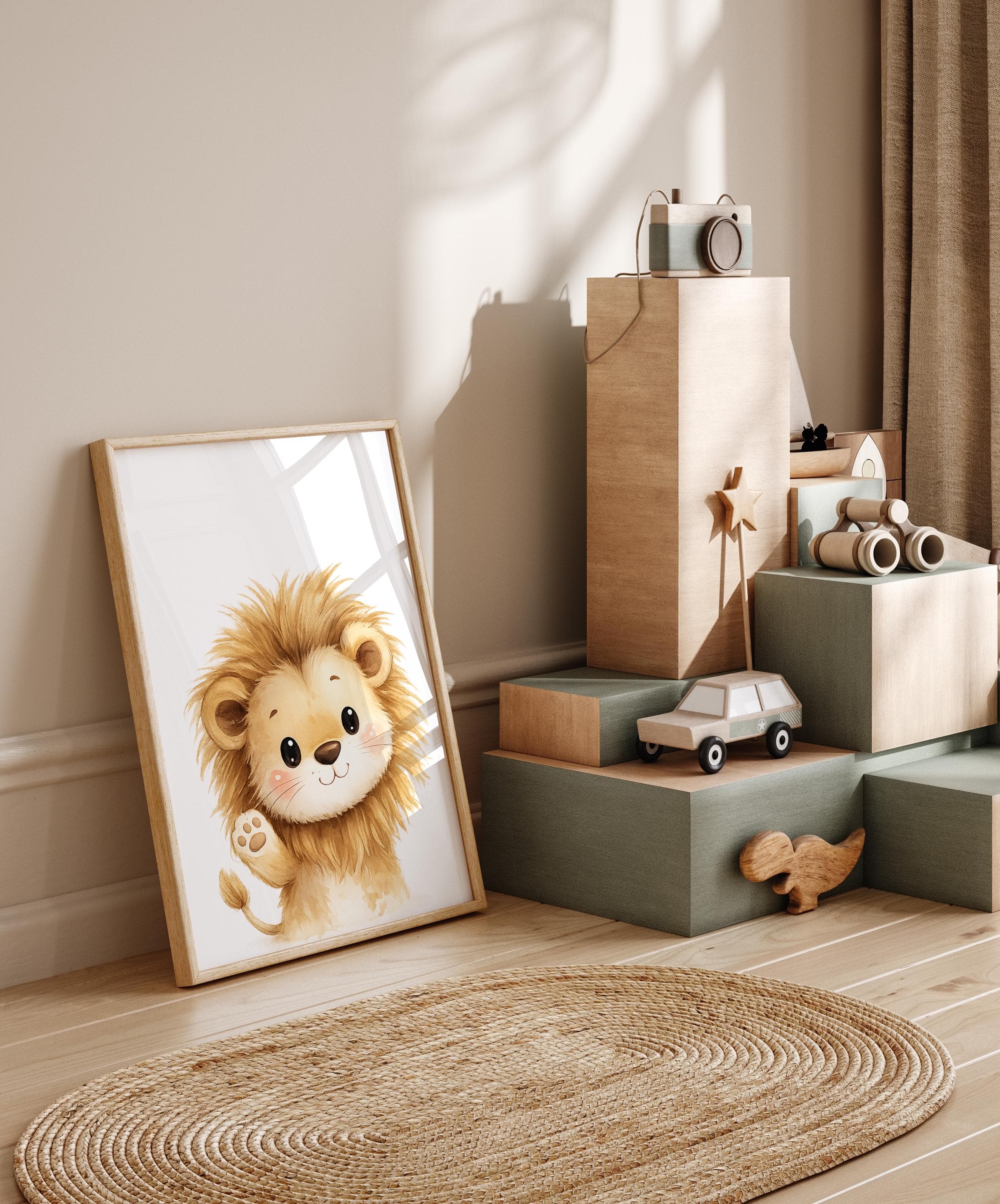 Lion and giraffe nursery prints with custom baby name modern decor