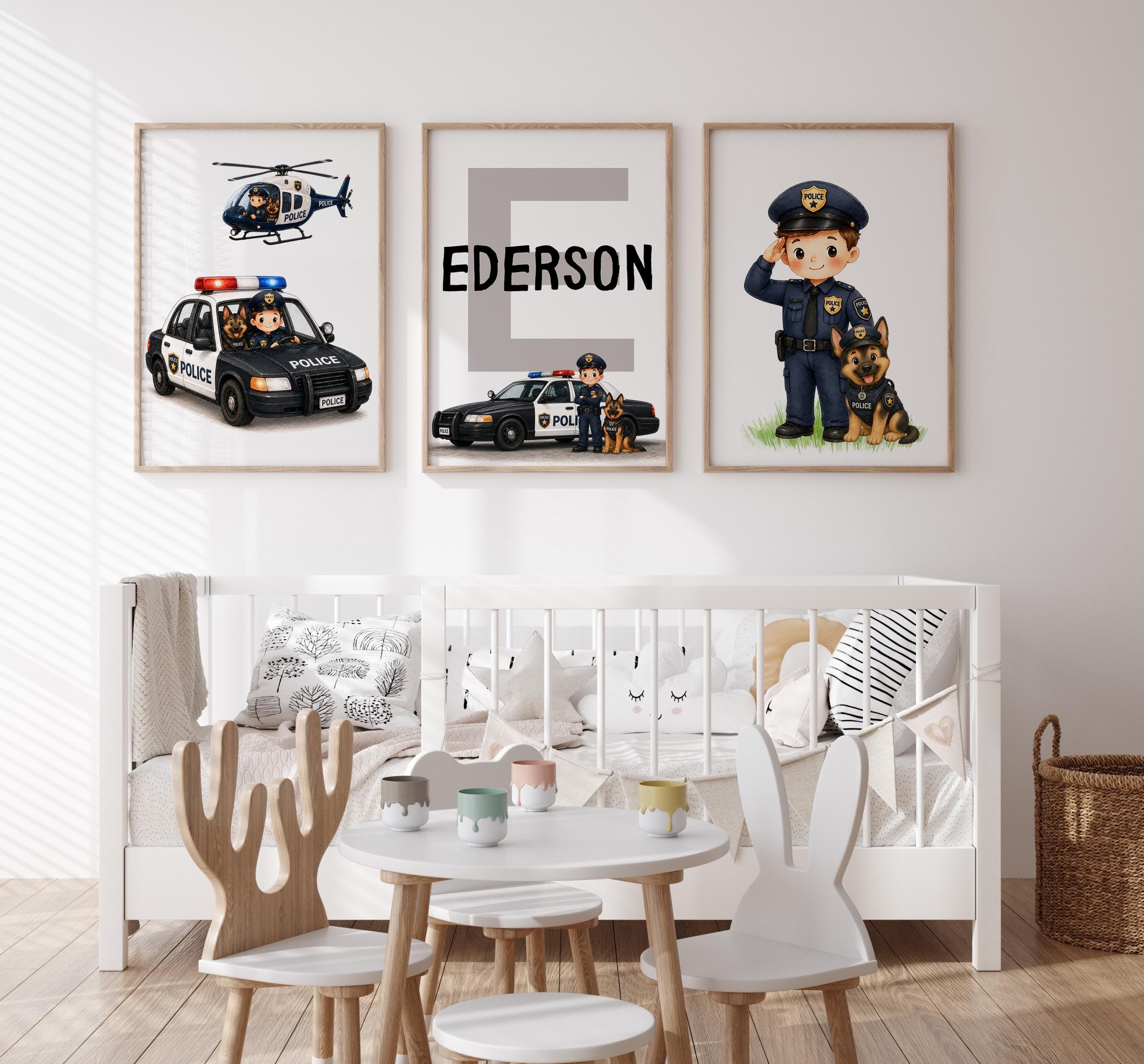 Kids room wall art police officer car and helicopter digital download