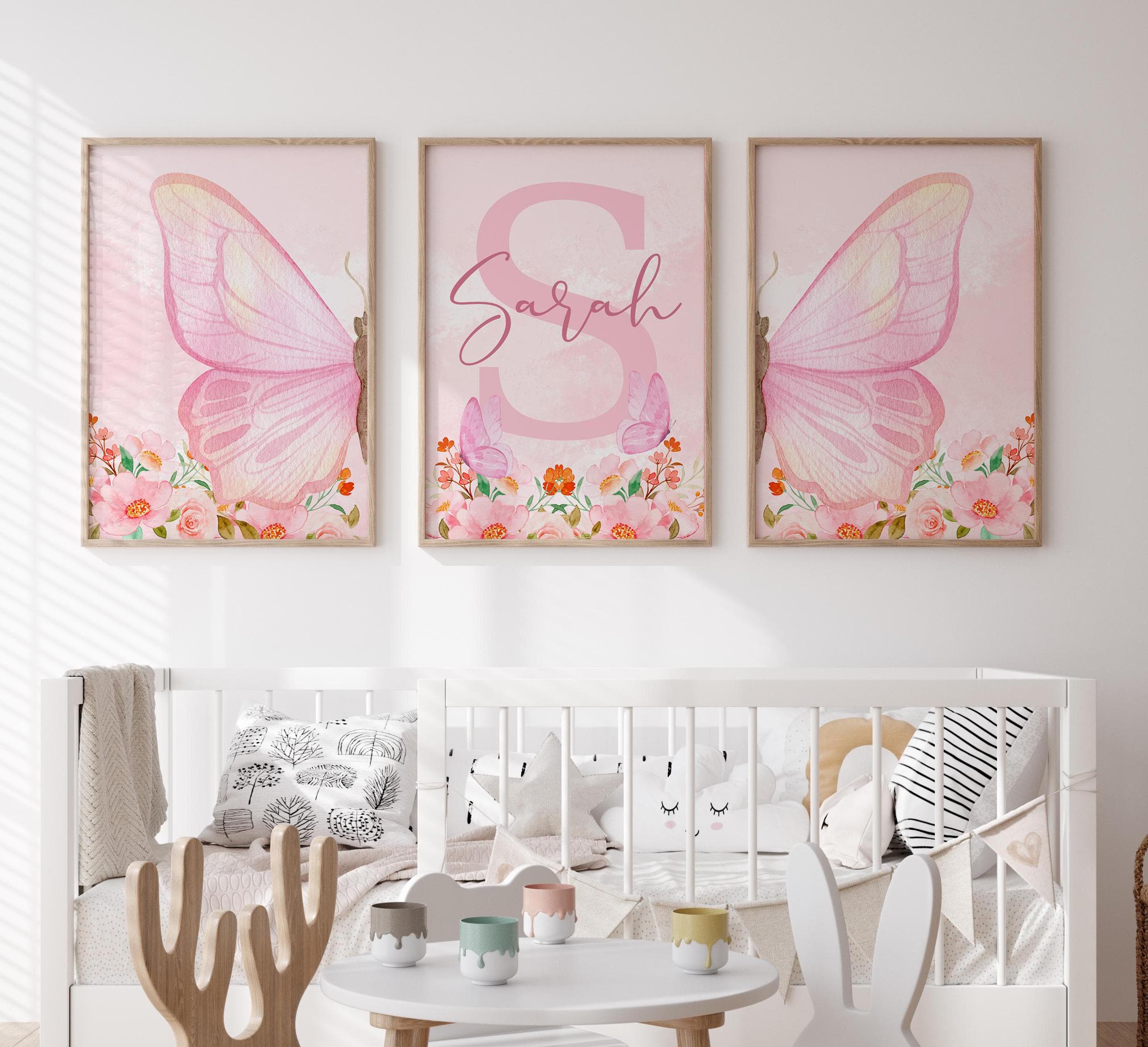 Watercolor Pink Butterfly and Flower Wall Art - Personalized Girls Room Decor, Elegant and Feminine Nursery Prints, Custom Name Included