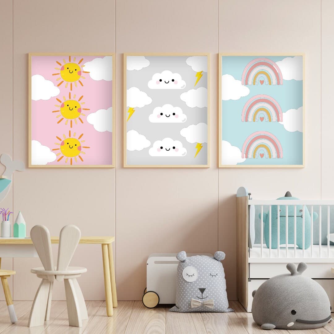 Boho Nursery Decor Set, Weather Theme Wall Art Bundle, Sun Cloud & Rainbow Prints, Printable Play Room Decor, Digital Download - image 3