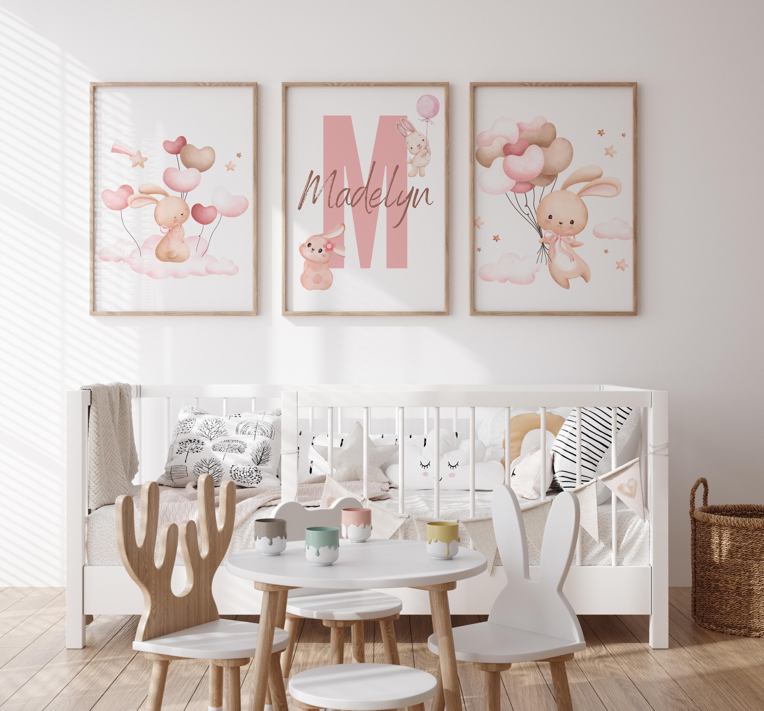 Customizable rabbit nursery wall art set for cozy decor.