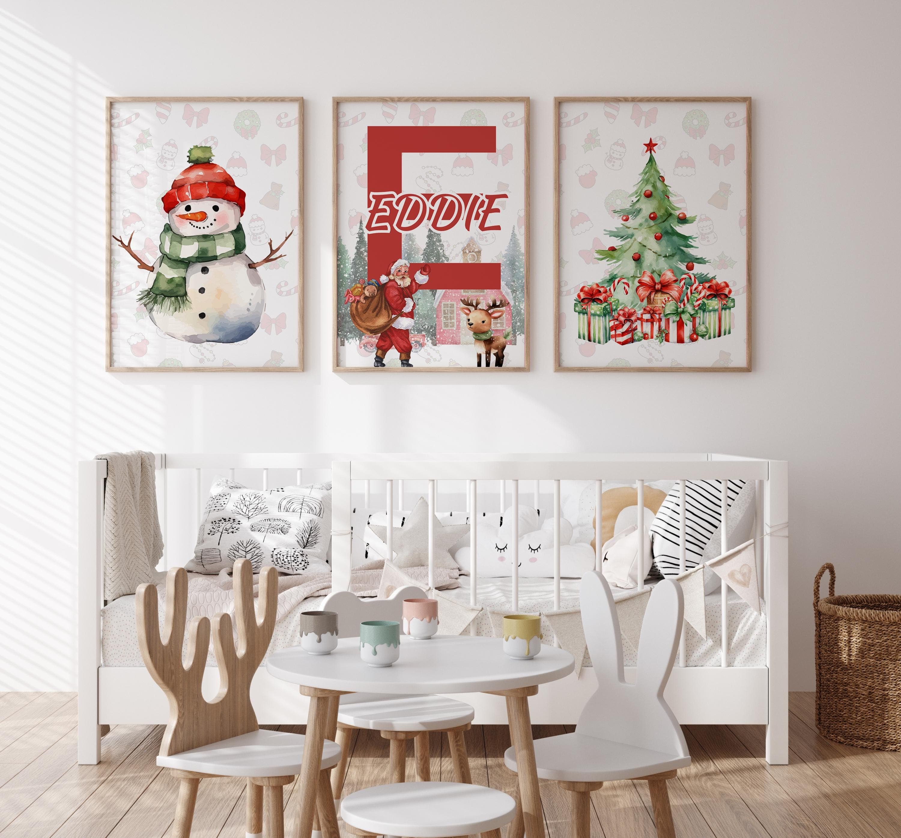 Watercolor Christmas tree illustration for children’s bedrooms.
