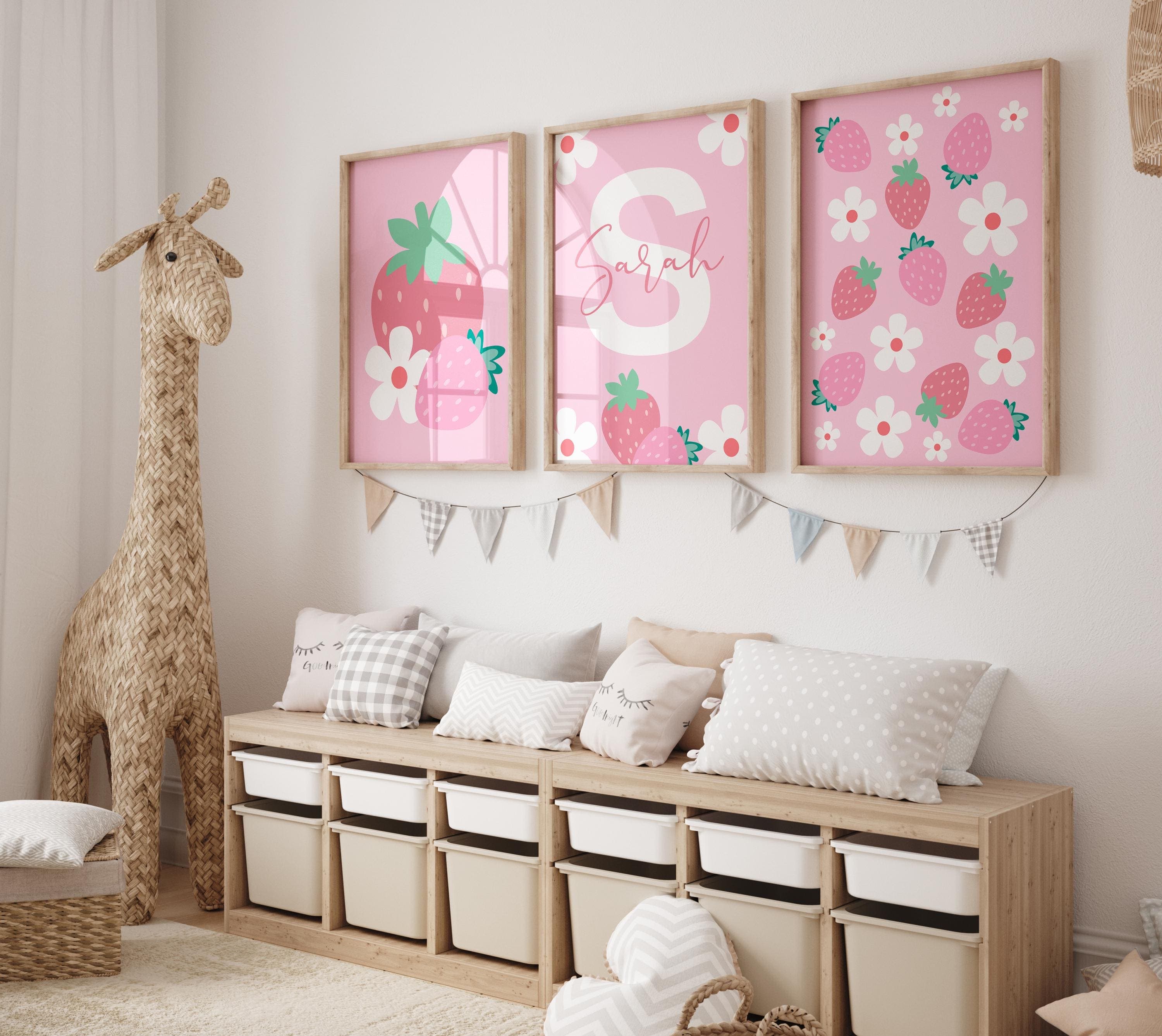 Personalized Strawberry & Daisy Nursery Wall Art | Pink Watercolor Set of 3 | Custom Name Decor for Girls Room - Pink Strawberry Nursery Art