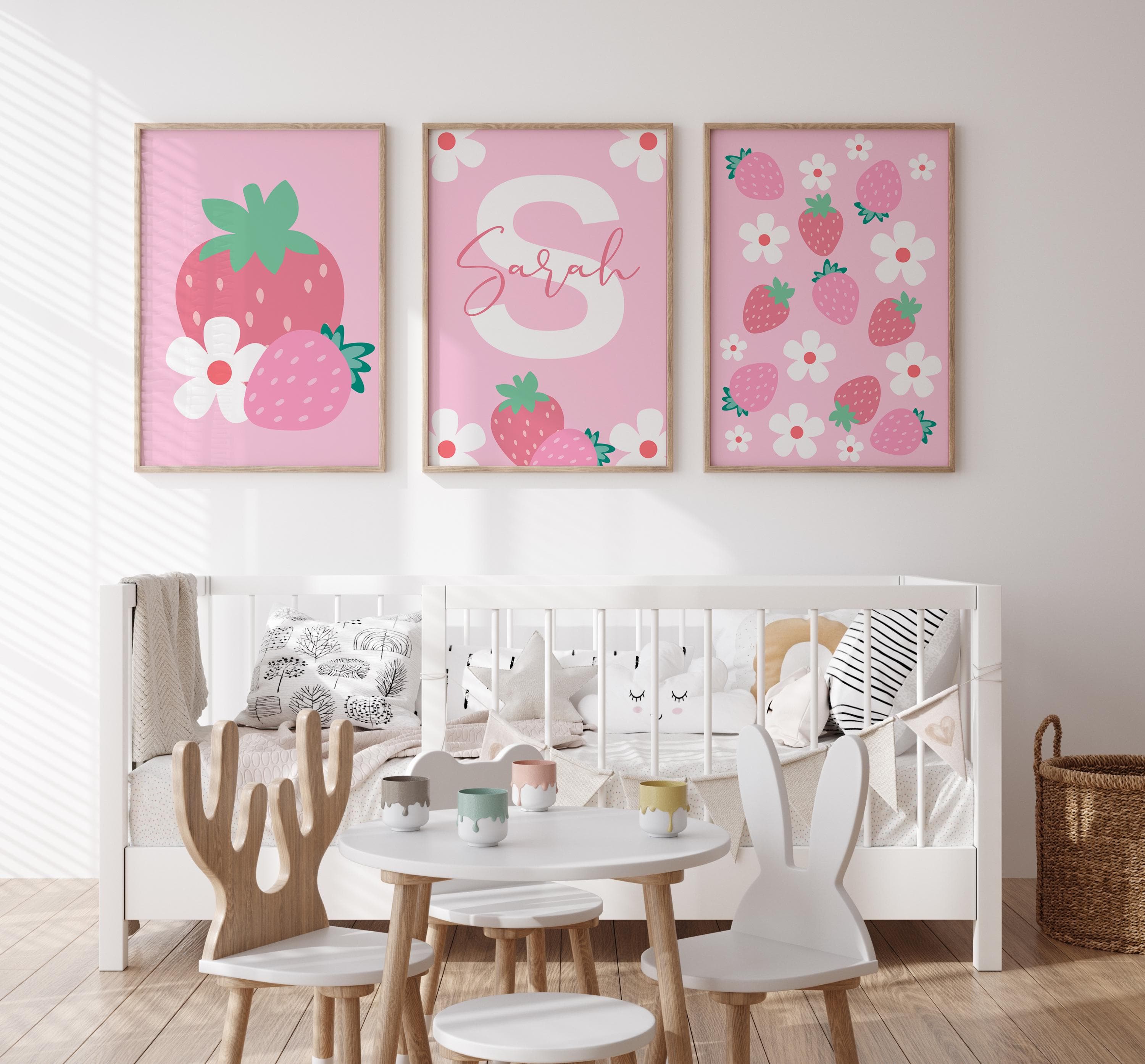 Custom name strawberry wall decor set for toddler girls