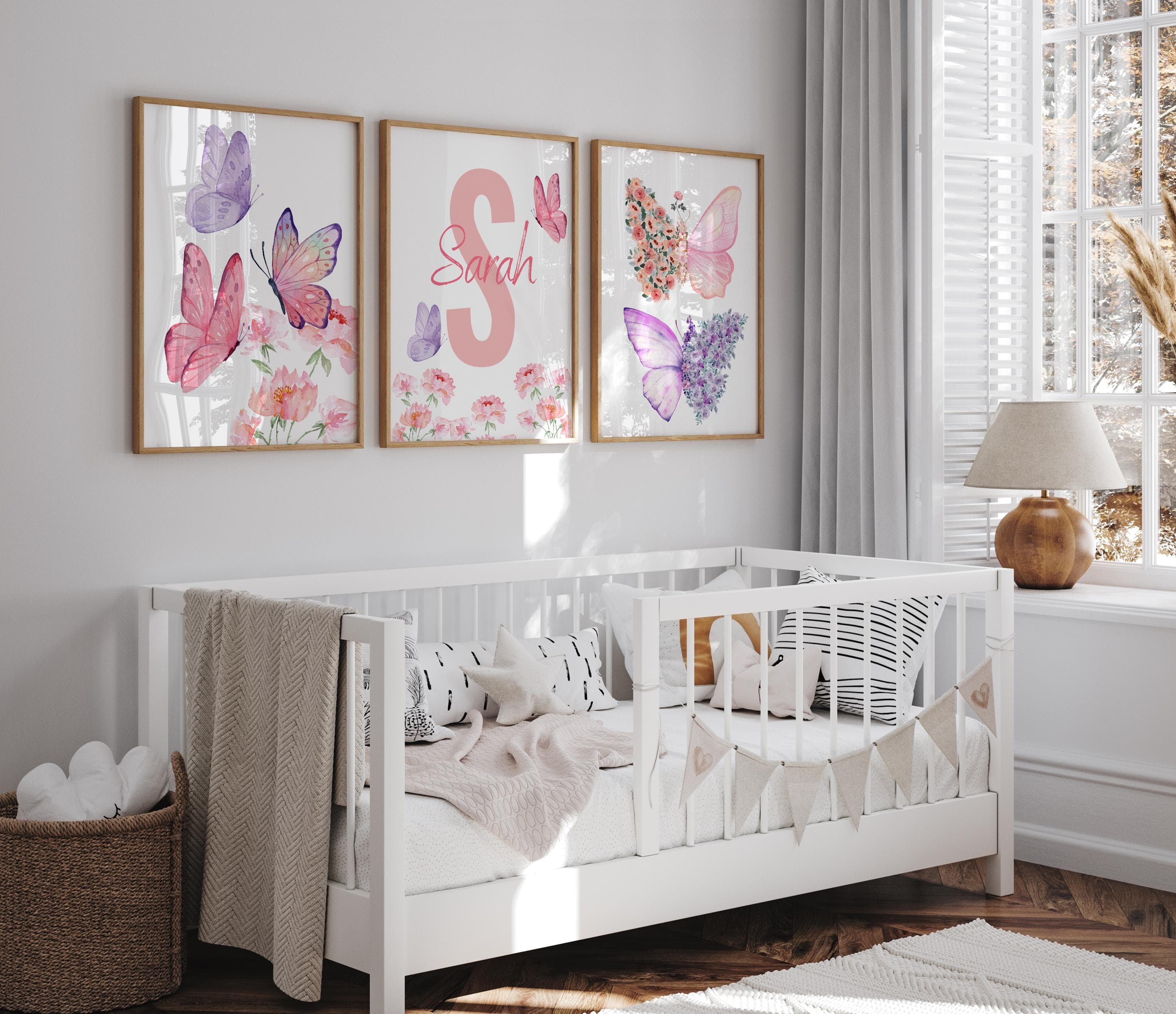 Watercolor butterfly and flower wall art for girls' bedrooms.