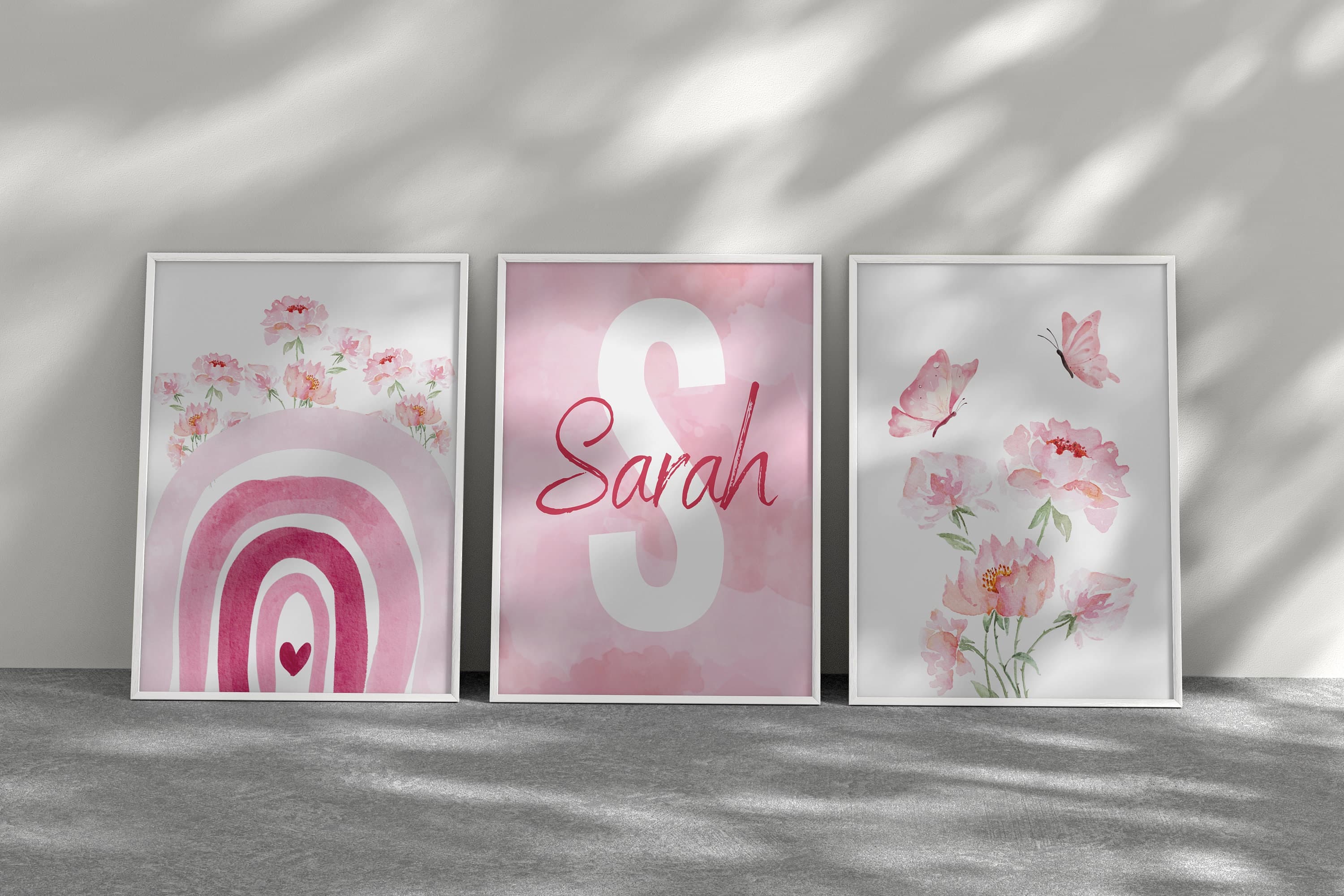 Pink watercolor rainbow and flower wall art set for kids rooms