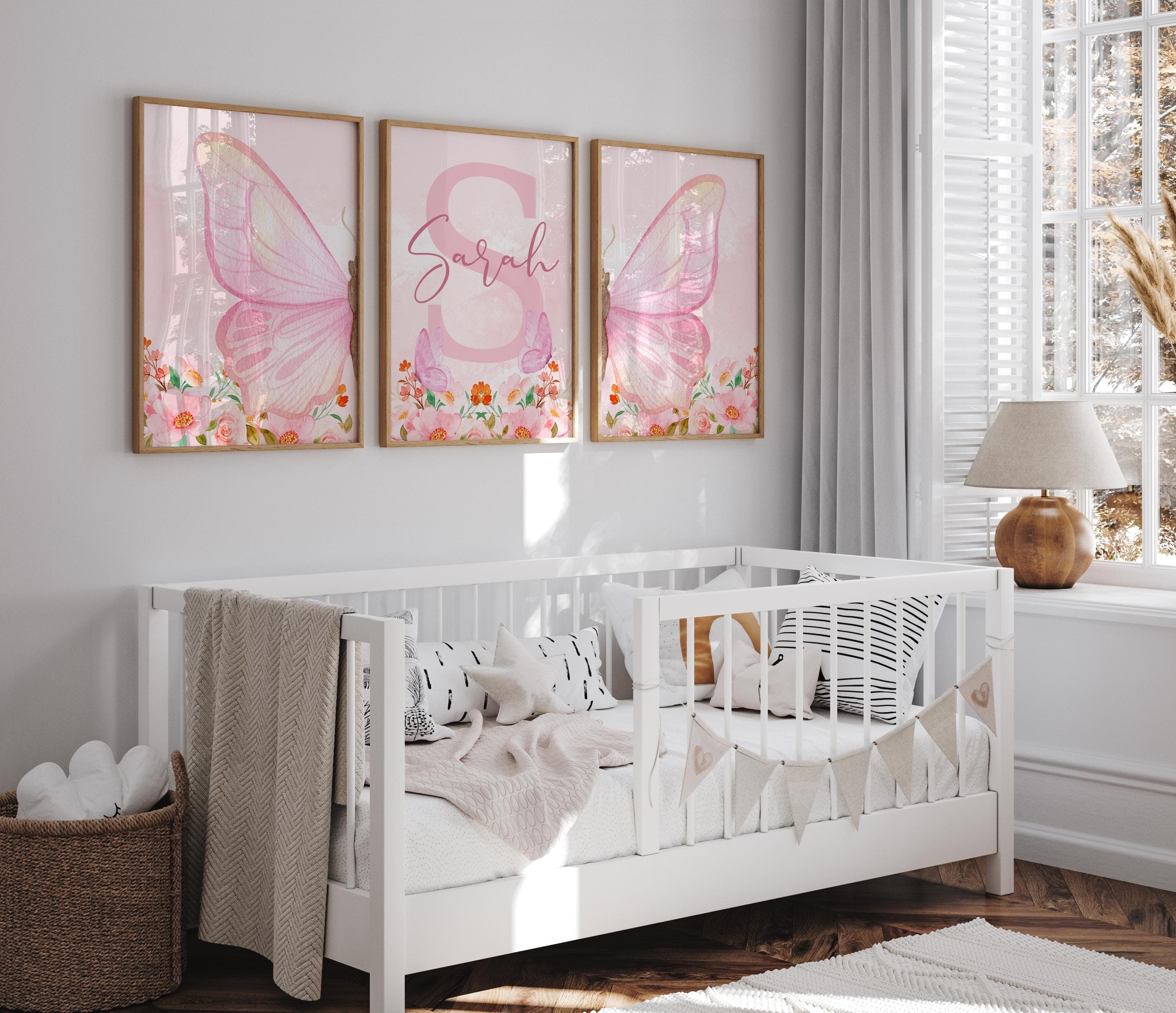 Personalized pink butterfly and floral wall print for nurseries.