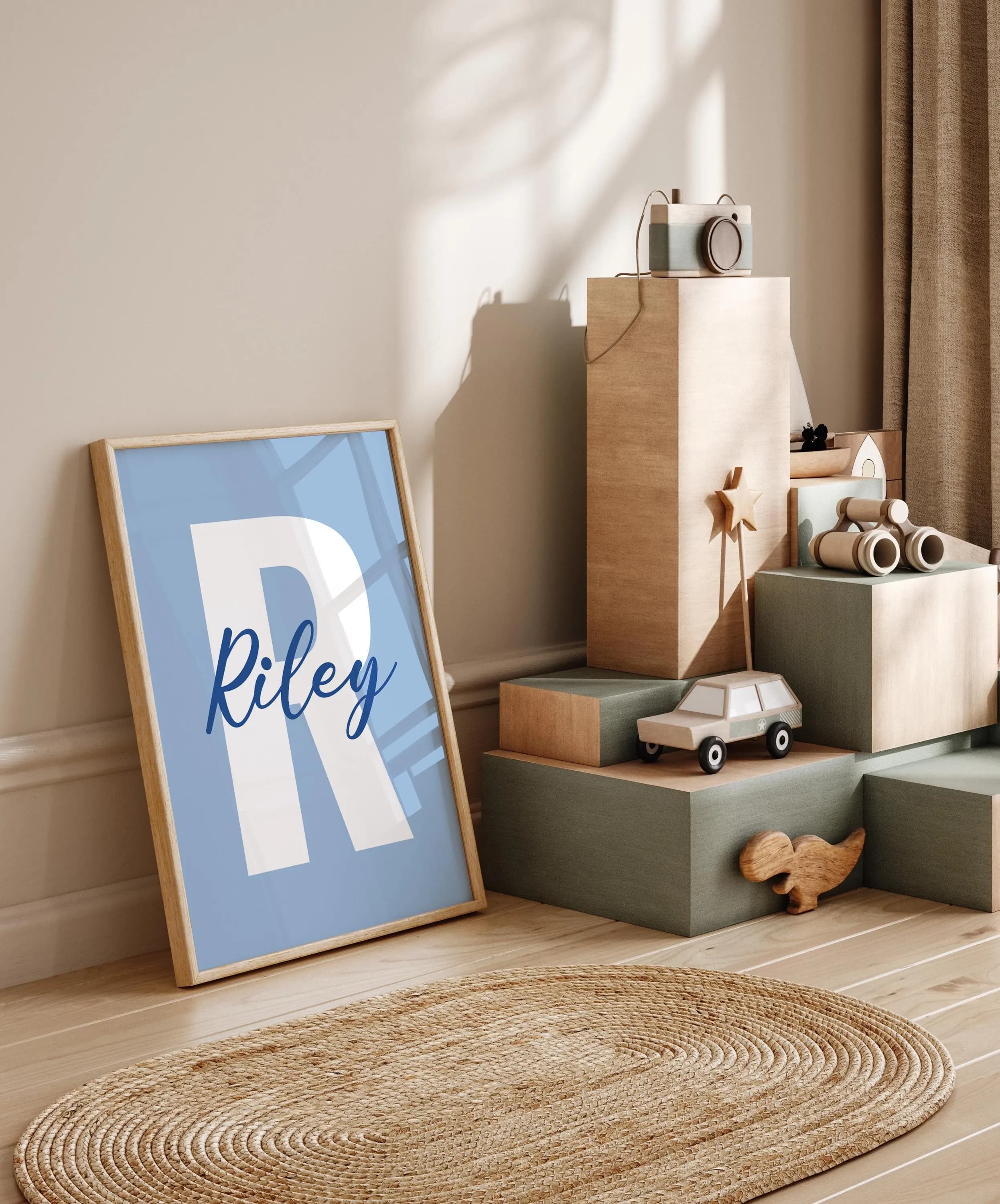 Custom name boys nursery prints in blue bow theme