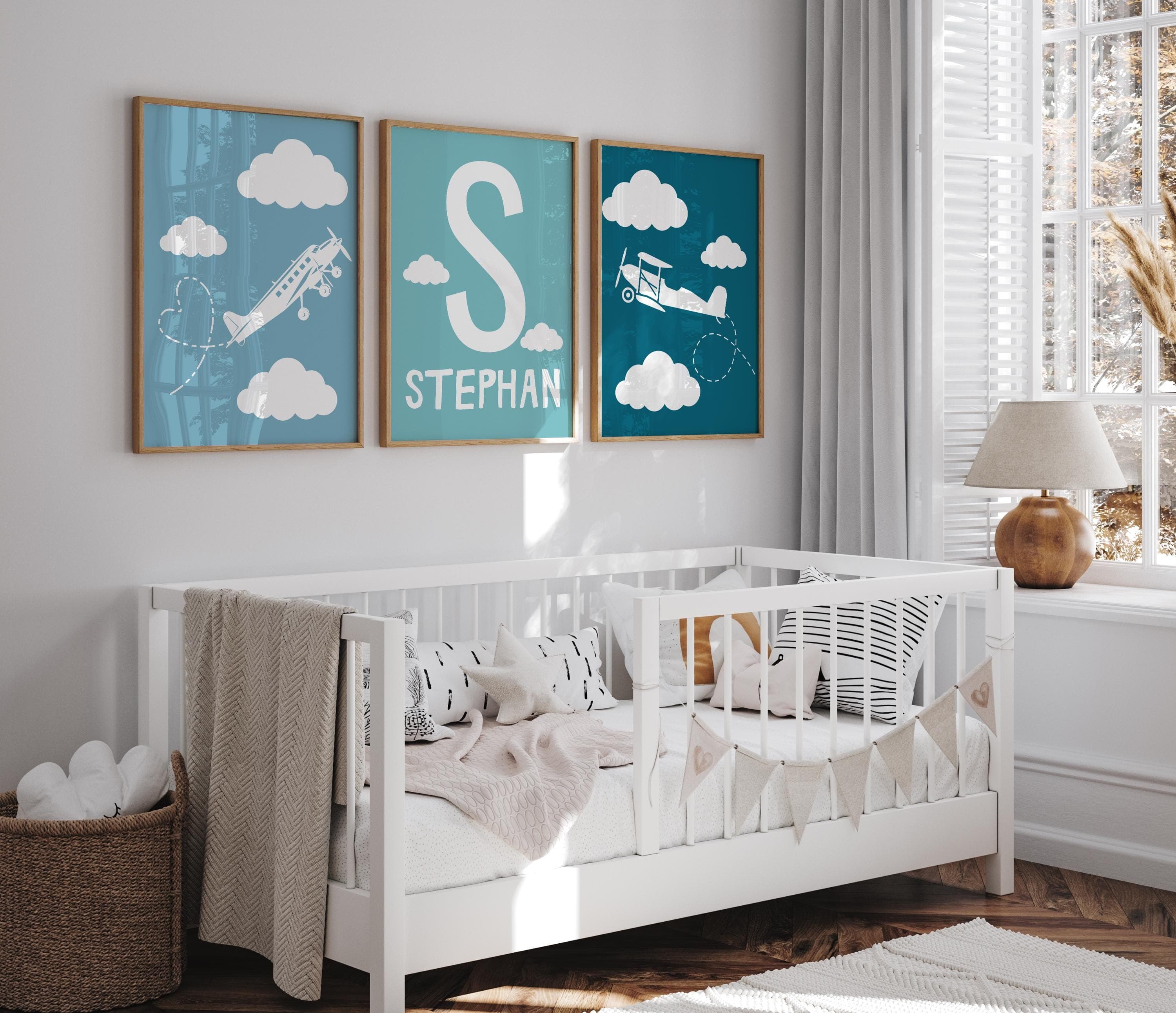 Aviation-inspired digital prints for kids’ room.
