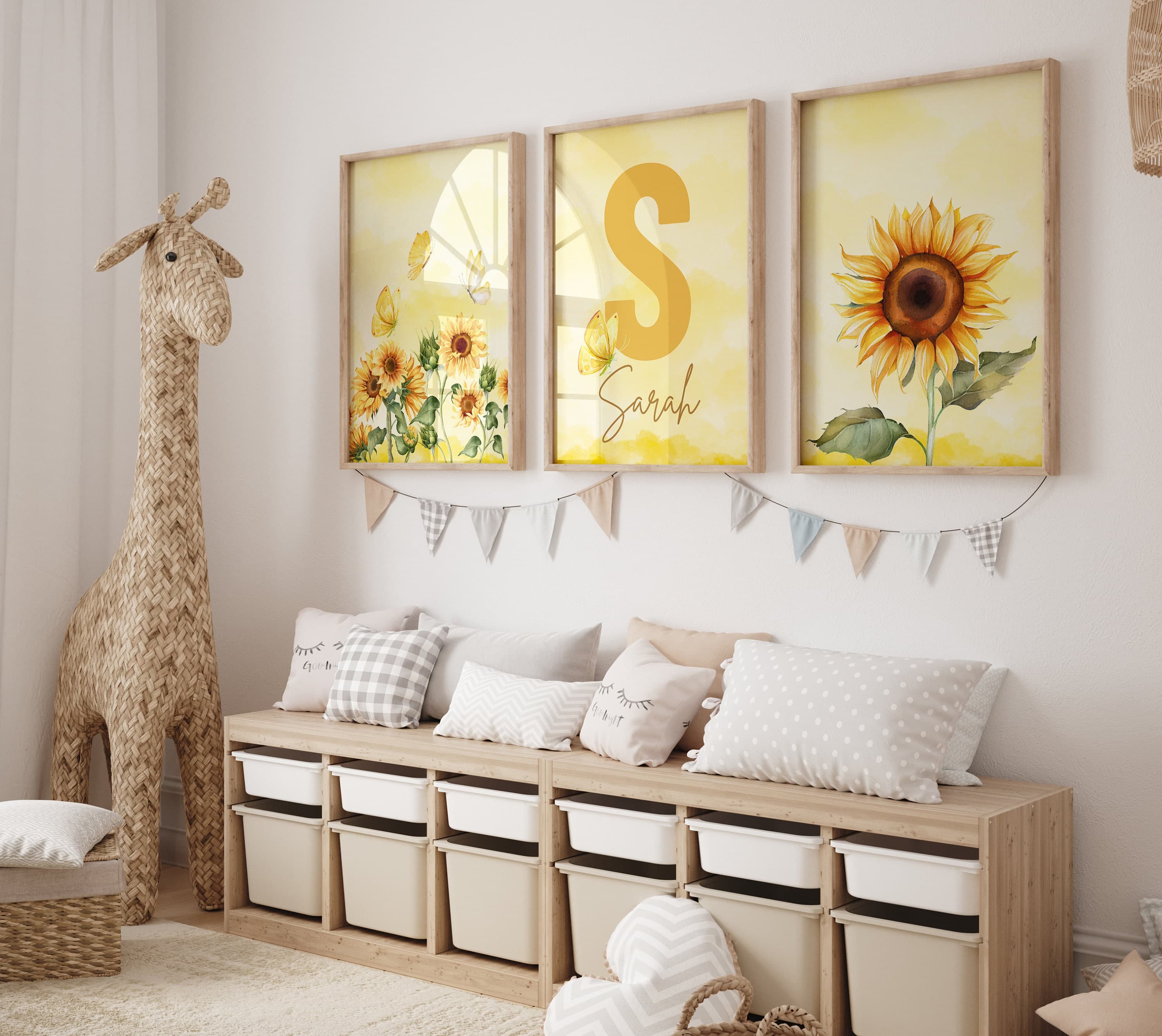 Personalized Sunflower Nursery Digital , Children's Room Decor Set - Watercolor Yellow Background and Sunflower Theme - Custom Name Design