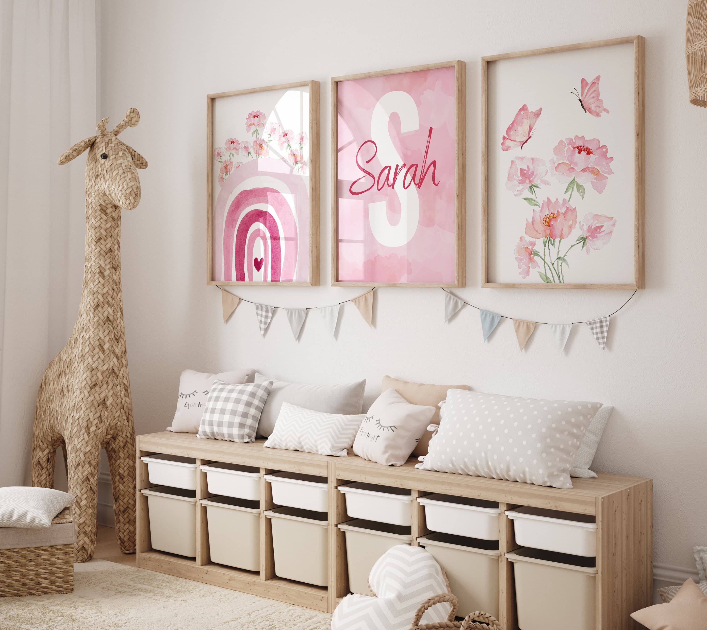 Enchanting Pink Rainbow and Flower Trio Digital Design: Customizable Whimsical Wall Art for Girls' Room Decor and Nursery - Set of 3 Rainbow