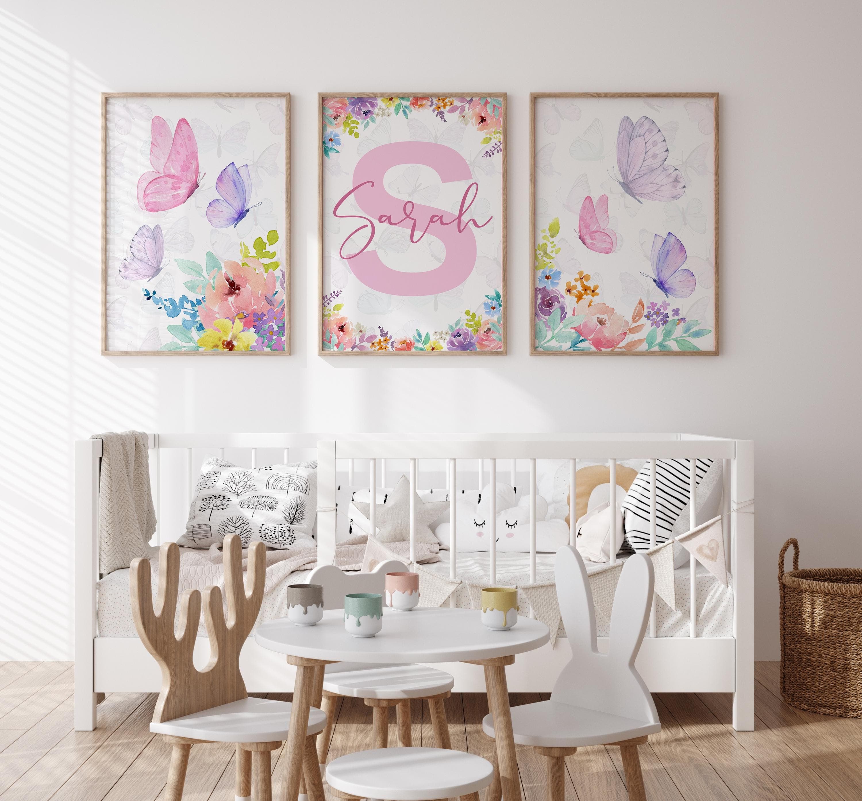 Customizable pastel nursery art with butterfly and floral theme