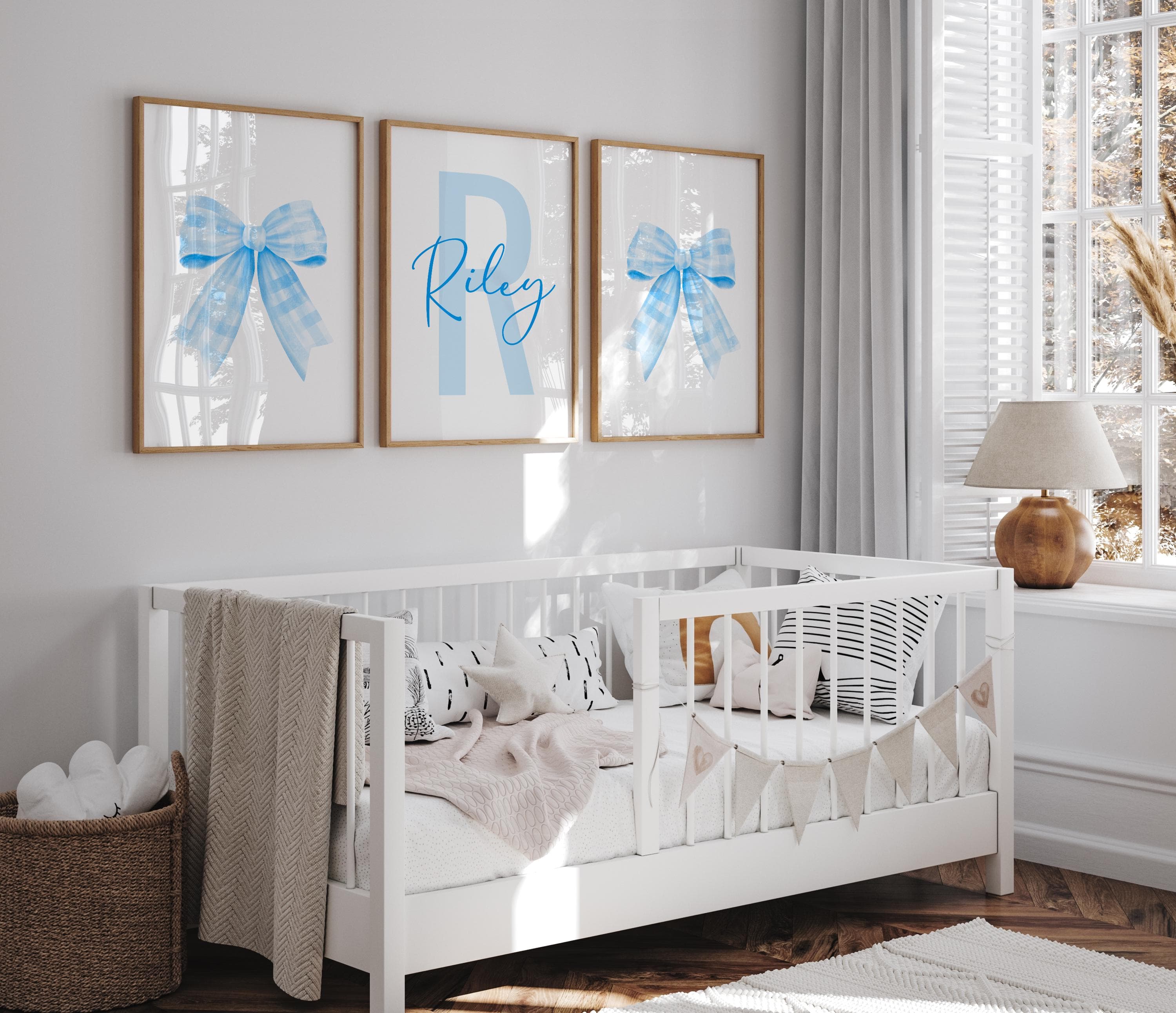 Personalized Blue Bow Wall Art • Cute Bow Nursery Prints • 3 Piece Boy Room Decor • Custom Name Printable Set