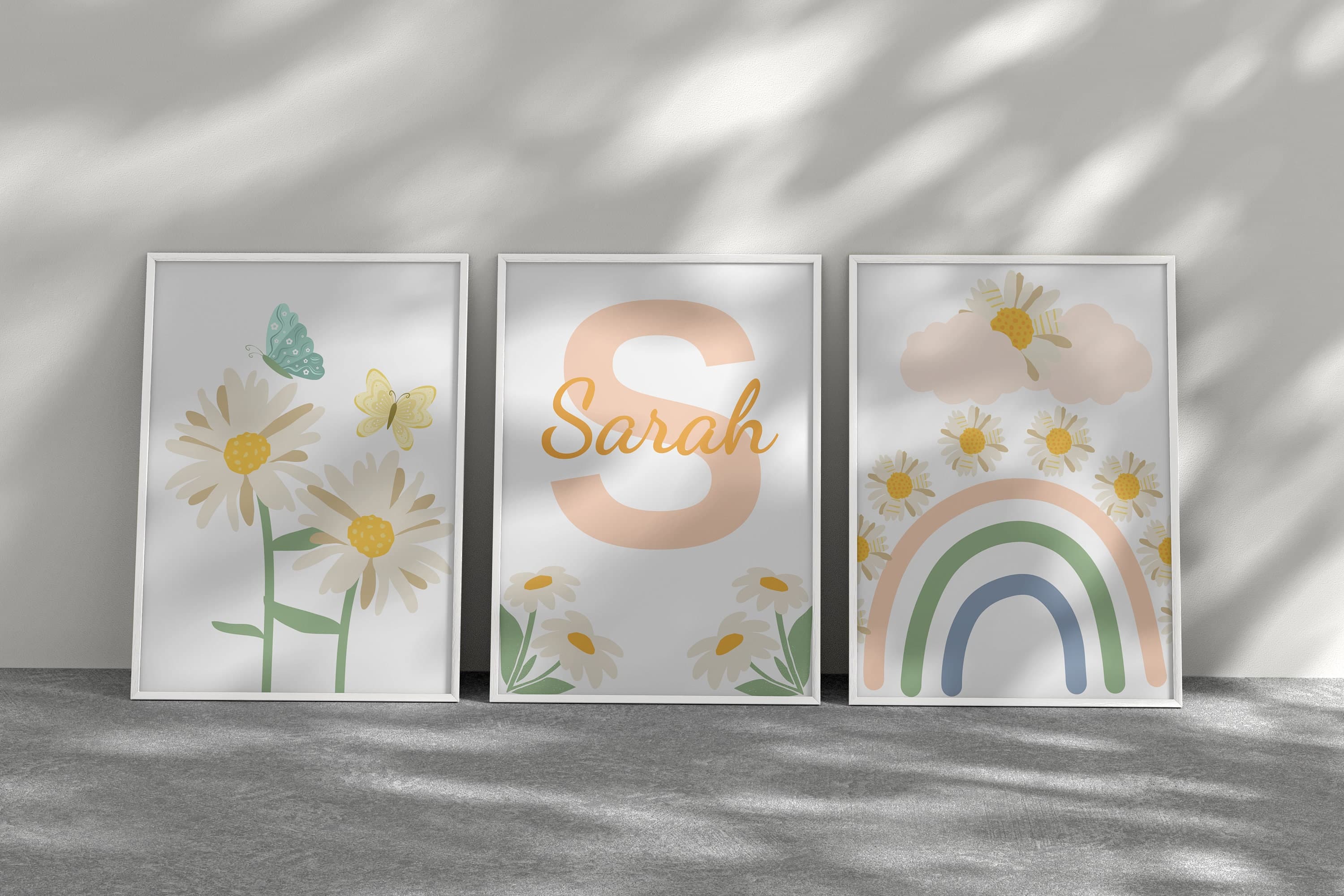Custom Name Daisy Nursery Wall Art , Set of 3 Daisy Babygirl Room Decor, Rainbow Nursery Decor, Set of 3 Rainbow and Flower Digital  Print - image 3