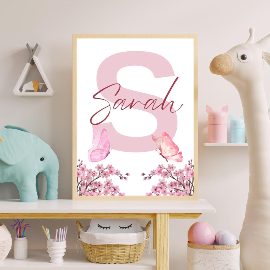 Personalized Cherry Blossom Wall Art Set - Pink Floral Decor for Girl's Room, Custom Name Nursery Prints,  Butterfly and Flower Nursery Art - image 5