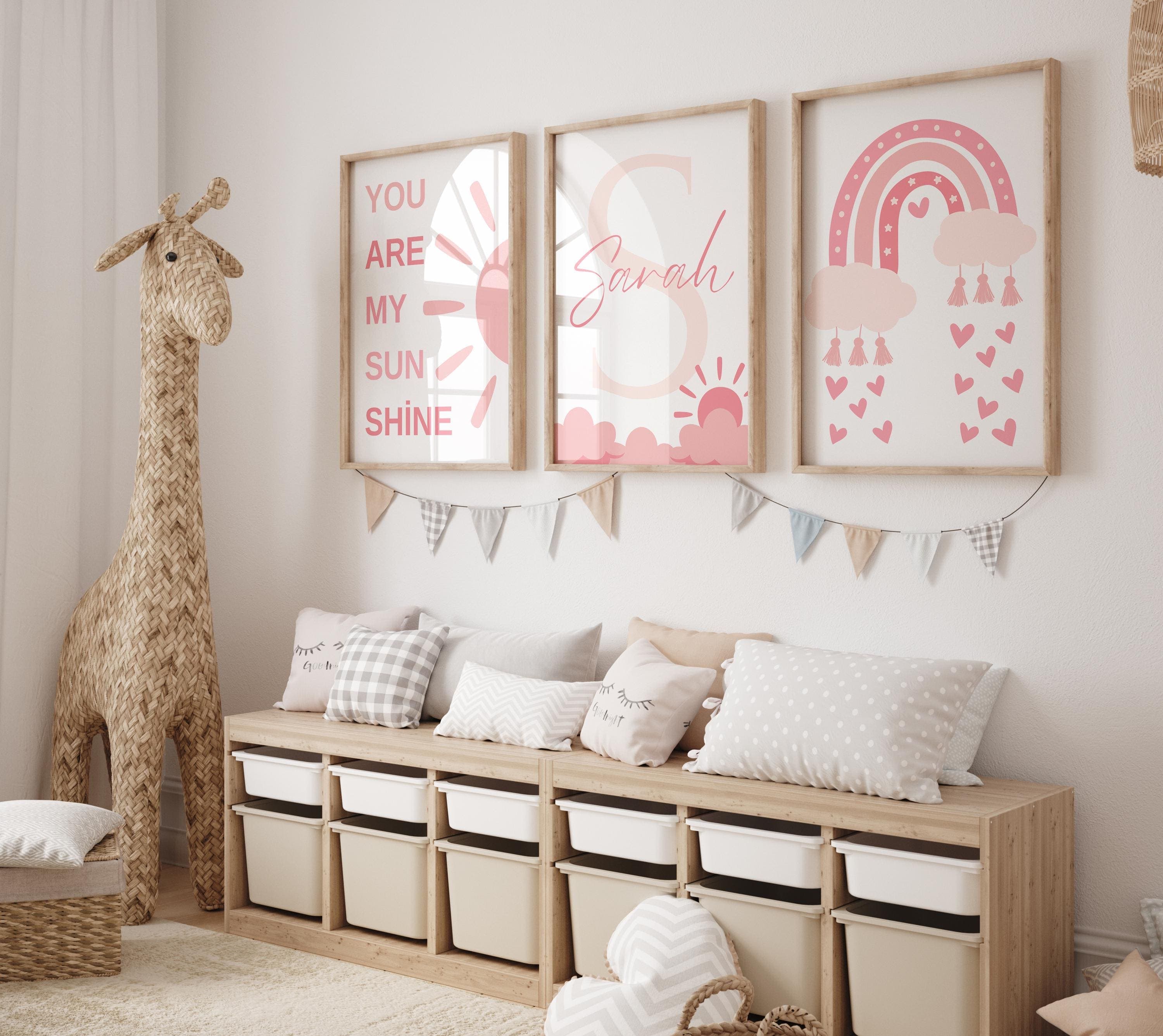 Personalized Rainbow & Sun Nursery Wall Art Set | Pink Themed Customizable Name Print | 3-Piece Digital Download for Girls' Room - Digital