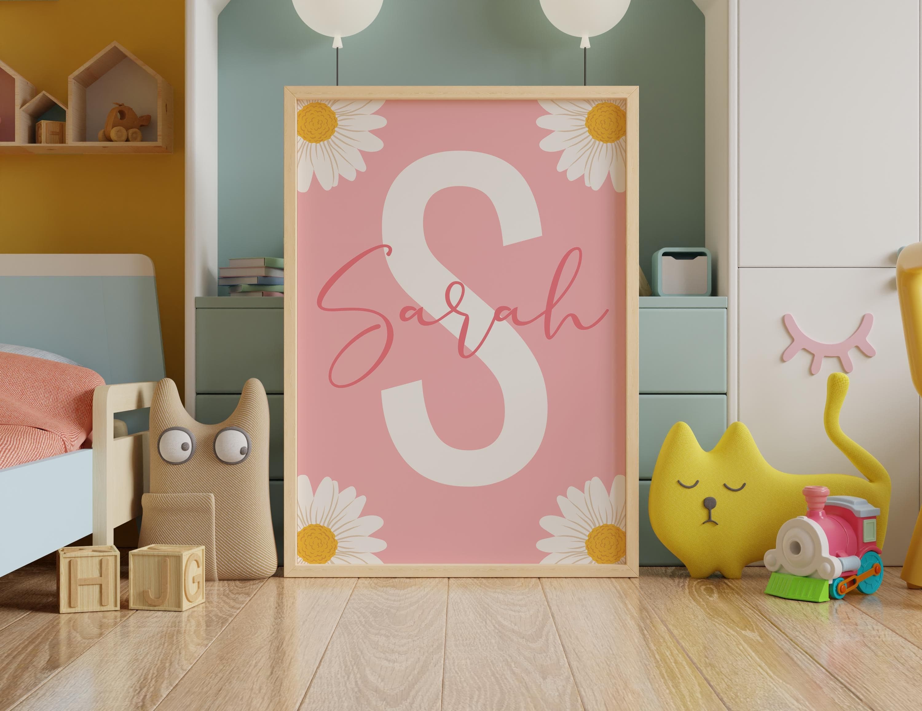 Modern and minimalist daisy wall art set for pink nurseries.