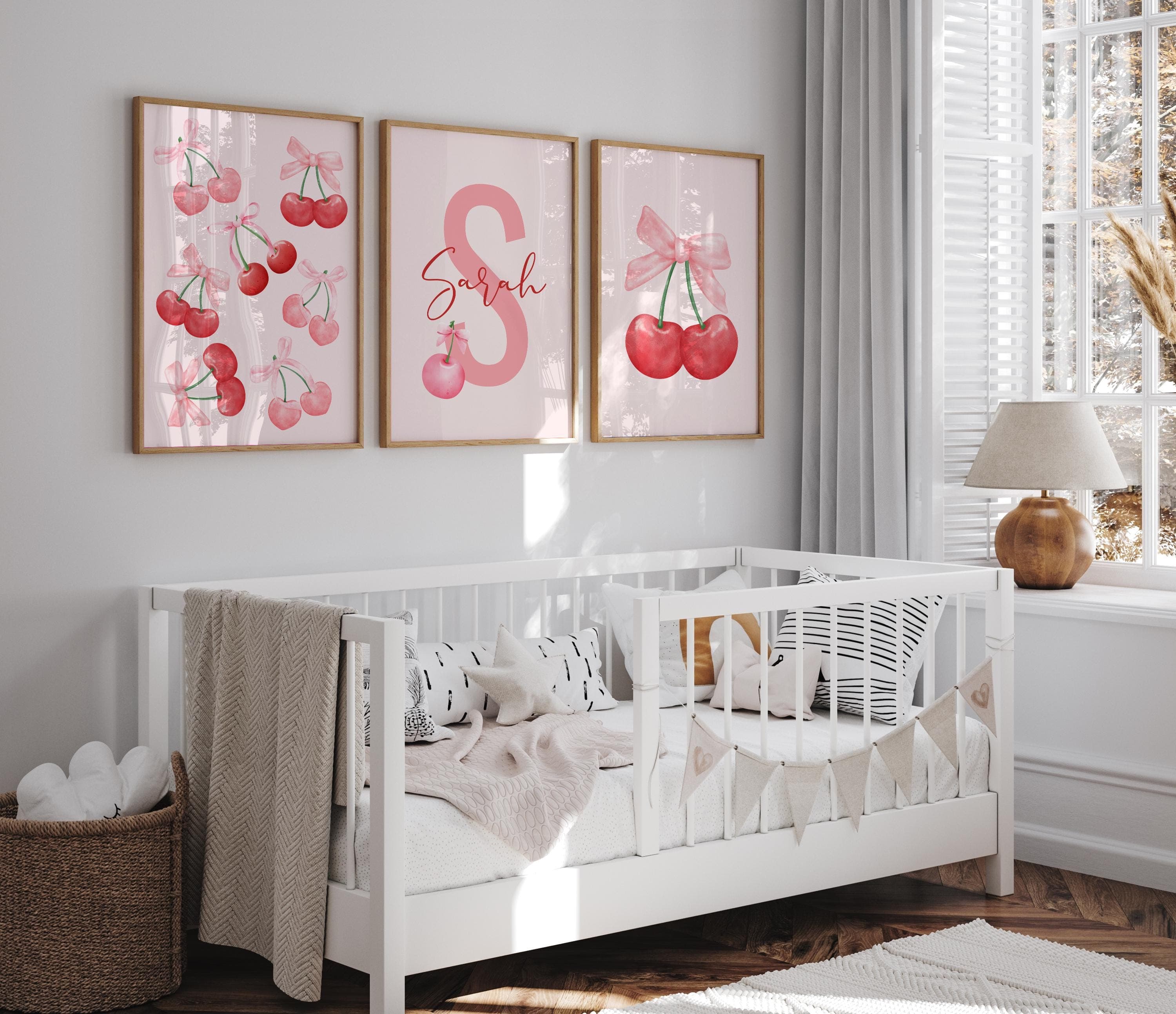 Custom name pink cherry-themed nursery decor