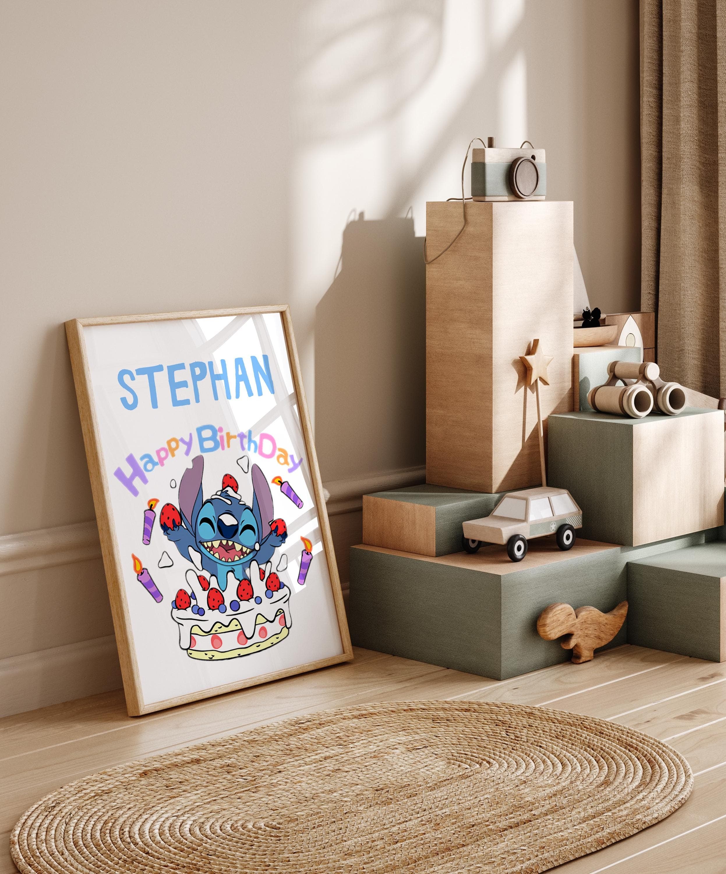 Stitch-themed printable wall art for kids, perfect for birthday parties or as a fun room decoration.