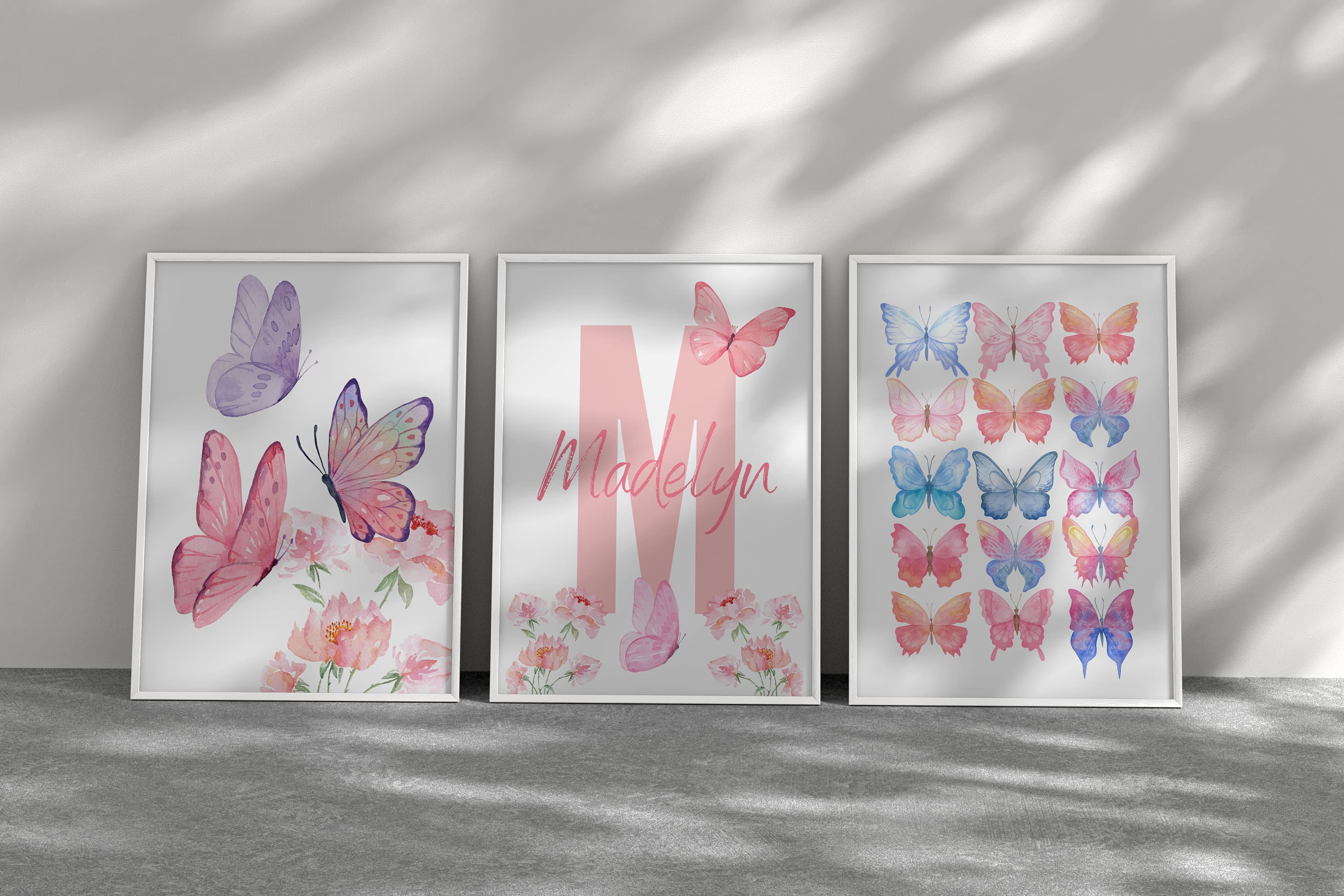 Personalized butterfly wall art set, custom name nursery decor for girls room, pastel butterfly theme printable, 3-piece digital design