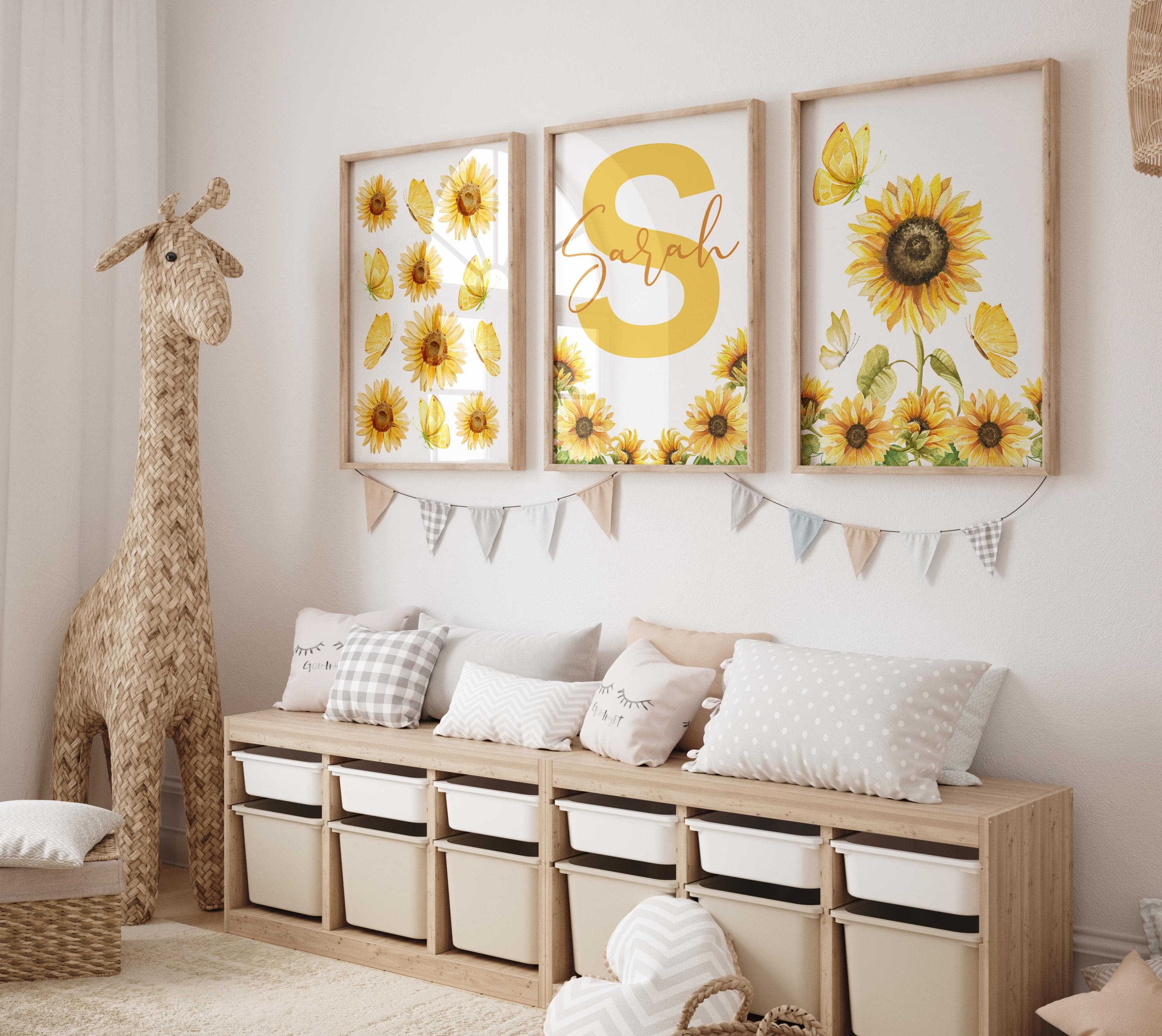 Personalized Sunflower Wall Art for Kids Room | Custom Name Nursery Decor | Set of 3 Sunflower Prints | Baby Room Wall Art- Yellow Flower